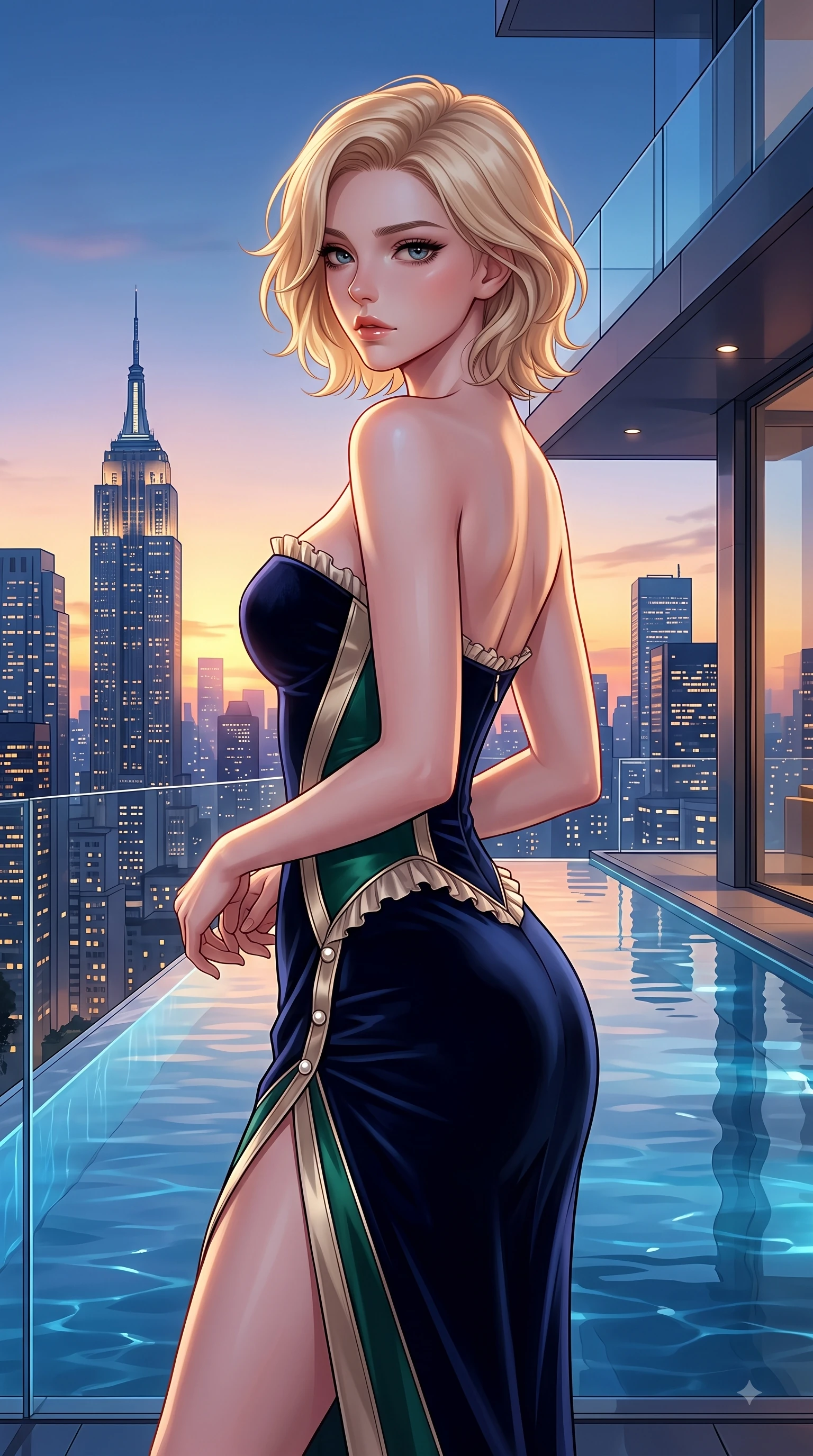 score_9, masterpiece, best quality, ultra-detailed, high-budget anime keyframe, editorial fashion photography, tasteful artistic composition, Caucasian woman. close-up cowboy shot from the waist and thighs up, the character dominates the composition, filling the frame with her large presence. Subtle lingering regret in her eyes, looking back over her shoulder with an emotional, reluctant glance while pivoting dynamically near a glass infinity pool edge with city skyscraper silhouettes behind. The surrounding environment is rendered in vivid detail and crisp panoramic clarity. intricate city skyline details, twilight sky gradients, and modern architectural lines in high clarity. She has an exceptionally elegant, slender, and willowy female figure with an ultra-slim waist, a gracefully sculpted slender torso, and a refined silhouette. sharp v-shaped jawline, high-bridge nose, intricate jewel-like eyes with depth, thick eyelashes, glossy lips with a natural sheen, flawlessly proportioned anatomical accuracy, natural body alignment, perfectly sculpted elegant limbs, clean dynamic posture without body distortion. wearing a sleek dark navy velvet bustier gown with a deep slit and metallic accents in deep emerald green and champagne gold, tailored from crisp high-density cotton poplin, accented with delicate pearl buttons and refined ruffle trims, the form-contouring material accentuating her ultra-slim waist and long lines. bathed in dramatic golden hour sunset glow and vibrant urban night lights. highly saturated vibrant anime colors, detailed shading with soft gradients, rich glossy textures, high-contrast stereoscopic depth, volumetric dynamic lighting, master piece, 9:16 ratio