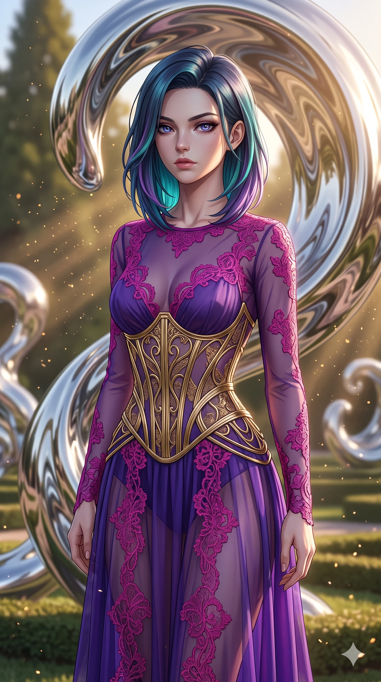 score_9, masterpiece, best quality, ultra-detailed, high-budget anime keyframe, editorial fashion photography, tasteful artistic composition, Caucasian woman, strictly human ears. close-up cowboy shot from the waist and thighs up, the character dominates the composition, filling the frame with her large presence, background elements kept in soft focus. Gazing past the camera with an air of effortless superiority. set against a soft-focus background of a manicured garden filled with abstract sculptures made of living liquid chrome that constantly shift and reshape themselves reflecting and distorting the surrounding landscape in mercurial curves. She has an exceptionally elegant and slender, willowy female figure with an ultra-slim waist, a gracefully sculpted slender torso, and a refined slim physique. sharp v-shaped jawline, high-bridge nose, intricate jewel-like eyes with depth, thick eyelashes, glossy lips with a natural sheen. wearing a floor-length sheer gown in royal purple, featuring strategic fuchsia lace placement and a structured gold-threaded corset bodice. golden hour sunlight streaming in warm shafts with floating dust particles catching the light. 2k, ultra detail, master piece, 9:16 ratio