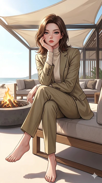 score_9, masterpiece, best quality, ultra-detailed, high-budget anime keyframe, editorial fashion photography, tasteful artistic composition, Korean woman. low angle full-body shot from head to toe showing her feet, filling the entire 9:16 vertical f