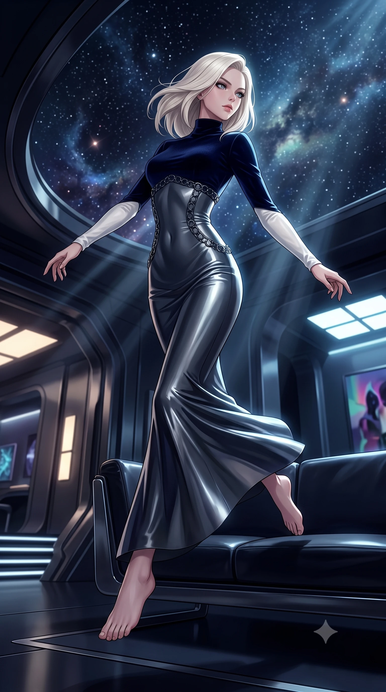 score_9, masterpiece, best quality, ultra-detailed, high-budget anime keyframe, editorial fashion photography, tasteful artistic composition, Caucasian woman. low angle full-body shot from head to toe showing her feet, filling the entire 9:16 vertical frame with her statuesque presence, stretching her vertical silhouette. leaping dynamically through the starry space, her posture full of power and elegance, lounging on a dark vinyl couch in a private retro-futuristic lounge at 2 AM, glove-like fit liquid vinyl dress highlighting her ultra-slim waist. She has an absolutely perfect, statuesque 8.5-heads proportion, an exceptionally tall and slender model-like female figure with impossibly long slender legs and an ultra-slim waist. sharp v-shaped jawline, high-bridge nose, intricate jewel-like eyes with depth, thick eyelashes, glossy lips with a natural sheen. wearing floor-length high-neck midnight navy velvet gown with long sleeves in pearl white, made of liquid dark mercury jersey, trimmed with dark chrome ring hardware along the waist contours, the fitted fabric emphasizing her ultra-slim waist. lit by piercing key rays emerging from deep futuristic shadows. highly saturated vibrant anime colors, detailed shading with soft gradients, rich glossy textures, high-contrast stereoscopic depth, volumetric dynamic lighting, master piece, 9:16 ratio