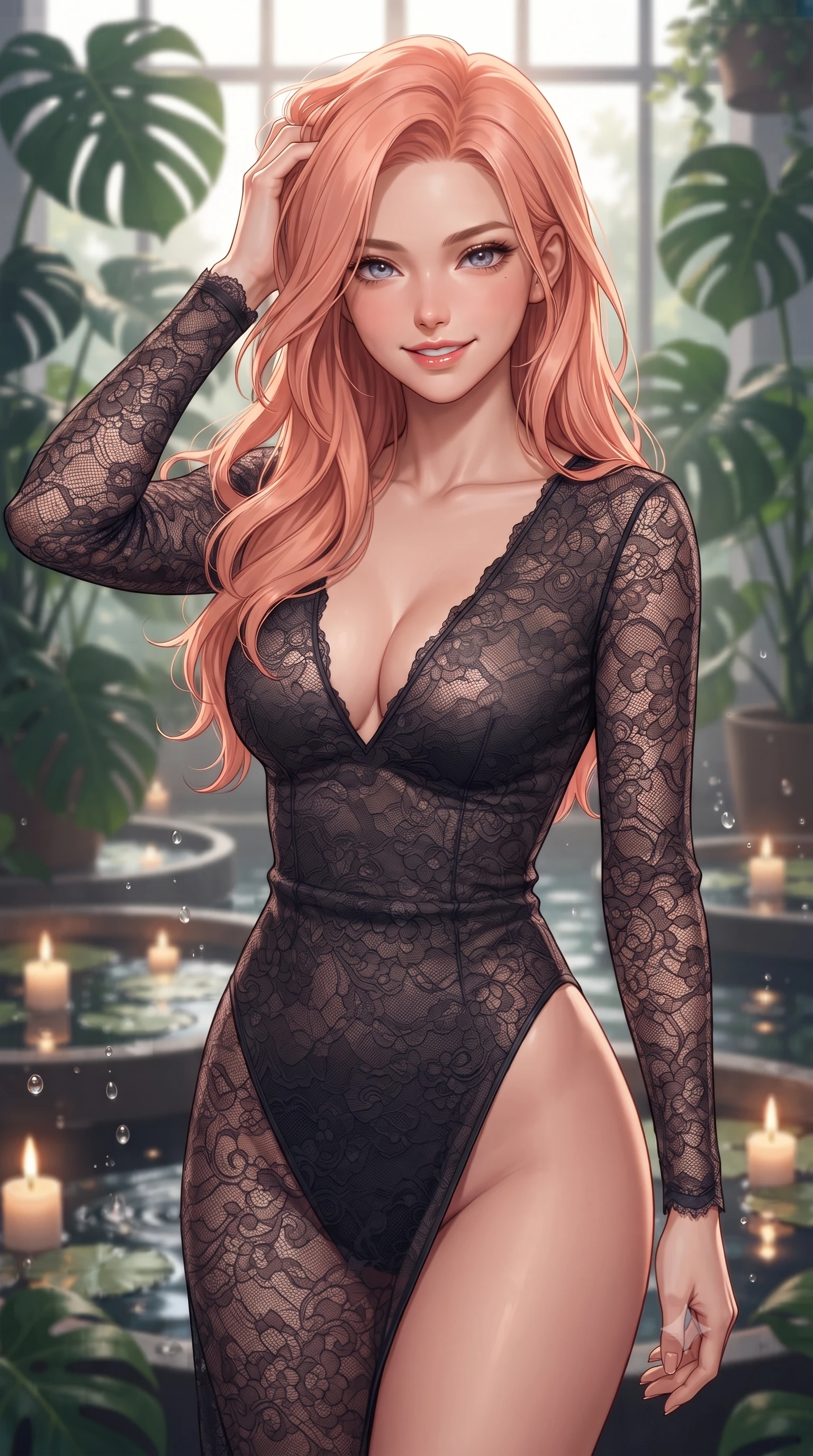 score_9, masterpiece, best quality, ultra-detailed, high-budget anime keyframe, editorial fashion photography, tasteful artistic composition, Japanese woman. close-up cowboy shot from the waist and thighs up, the character dominates the composition, filling the frame with her large presence, background elements kept in soft focus. smiling with quiet, magnetic self-assurance directly into the camera, running a hand through her hair the background shows a soft-focus a modern greenhouse loft surrounded by rare Monstera plants and floating candlelit ponds. She has an exceptionally elegant, slender, and willowy female figure with an ultra-slim waist, a gracefully sculpted slender torso, and a refined silhouette. sharp v-shaped jawline, high-bridge nose, intricate jewel-like eyes with depth, thick eyelashes, glossy lips with a natural sheen. wearing a slim-fit semi-opaque dark lace dress with a plunging neckline and high-cut leg line. soft flickering candle glow refracting through water droplets. highly saturated vibrant anime colors, detailed shading with soft gradients, rich glossy textures, high-contrast stereoscopic depth, volumetric dynamic lighting, master piece, 9:16 ratio
