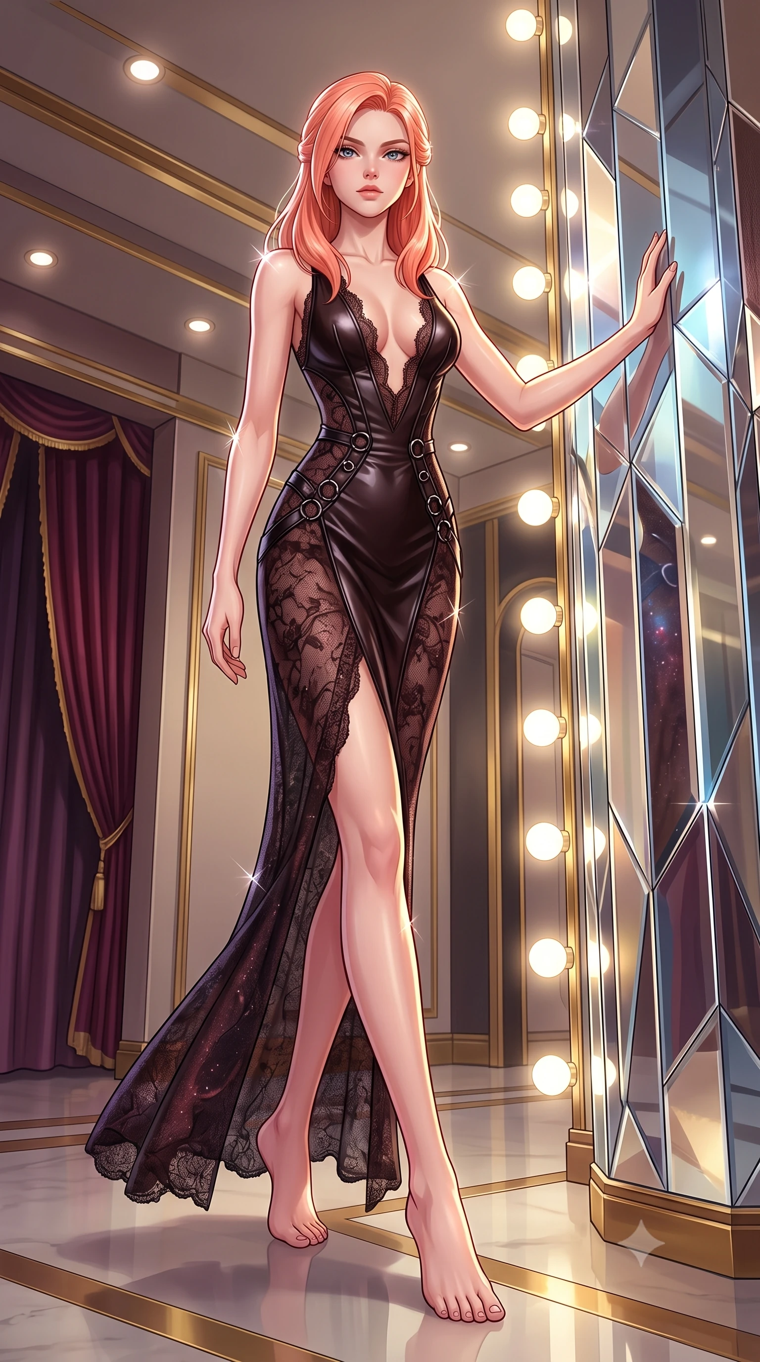 score_9, masterpiece, best quality, ultra-detailed, high-budget anime keyframe, editorial fashion photography, tasteful artistic composition, Japanese woman. low angle full-body shot from head to toe showing her feet, filling the entire 9:16 vertical frame with her statuesque presence, stretching her vertical silhouette. stepping gracefully through the luxurious environment, stretching her statuesque silhouette, resting against a mirrored pillar as daylight vanity bulbs illuminate her silhouette, magnetic runway model aura with supreme visual command. She has an absolutely perfect, statuesque 8.5-heads proportion, an exceptionally tall and slender model-like female figure with impossibly long slender legs and an ultra-slim waist. sharp v-shaped jawline, high-bridge nose, intricate jewel-like eyes with depth, thick eyelashes, glossy lips with a natural sheen. wearing gothic nebula sheer dark lace gown with plunging neckline in dark mahogany, made of polished black leather, trimmed with dark chrome ring hardware along the waist contours, following her slender form with tailored precision. surrounded by a sparkling rim light aura with sharp edge glints. highly saturated vibrant anime colors, detailed shading with soft gradients, rich glossy textures, high-contrast stereoscopic depth, volumetric dynamic lighting, master piece, 9:16 ratio