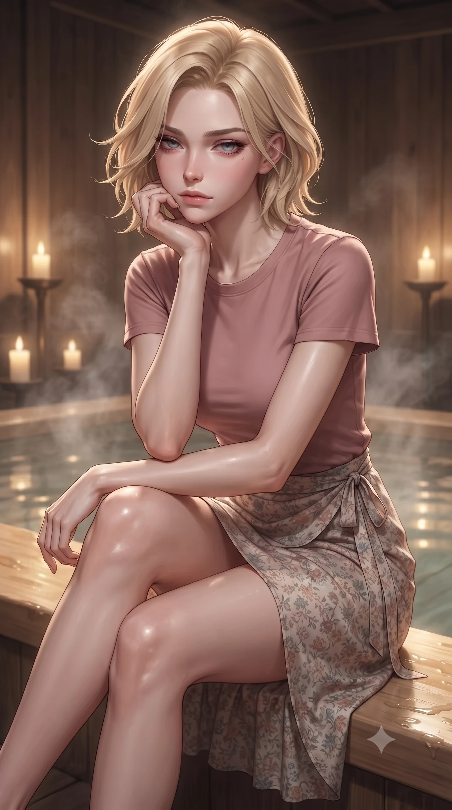 score_9, masterpiece, best quality, ultra-detailed, high-budget anime keyframe, editorial fashion photography, tasteful artistic composition, Caucasian woman. close-up cowboy shot from the waist and thighs up, the character dominates the composition, filling the frame with her large presence, background elements kept in soft focus. resting her chin on the backs of her fingers, casting a heavy-lidded, sultry look past the camera the background shows a soft-focus an intimate traditional bath chamber built of cypress wood (hinoki) with rising steam. She has an exceptionally elegant, slender, and willowy female figure with an ultra-slim waist, a gracefully sculpted slender torso, and a refined silhouette. sharp v-shaped jawline, high-bridge nose, intricate jewel-like eyes with depth, thick eyelashes, glossy lips with a natural sheen. wearing a tailored simple crewneck t-shirt in dusty pink paired with a floral print wrap skirt. warm candle stands casting a soft golden glow onto the water surface. ultra-reflective glossy finish, specular highlights, metallic sheen, high-contrast stereoscopic depth, volumetric dynamic lighting, 2k, ultra detail, master piece, 9:16 ratio