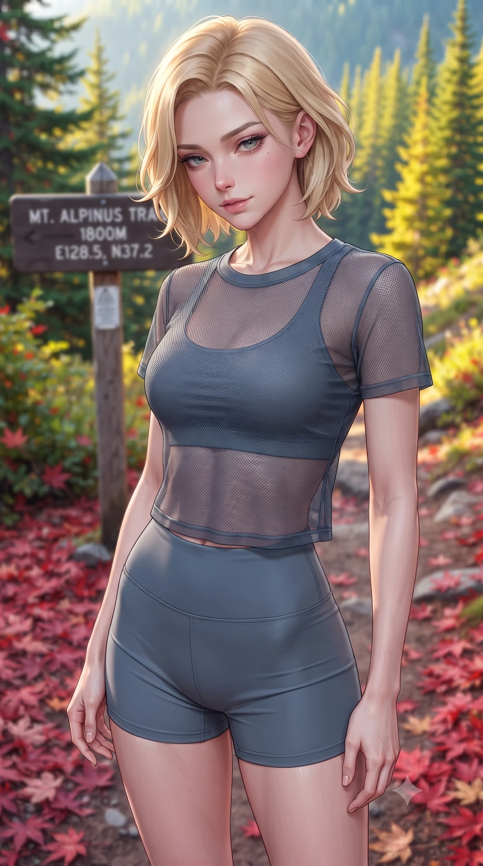 score_9, masterpiece, best quality, ultra-detailed, high-budget anime keyframe, editorial fashion photography, tasteful artistic composition, Caucasian woman. close-up cowboy shot from the waist and thighs up, the character dominates the composition, filling the frame with her large presence, background elements kept in soft focus. looking down at the camera beneath lowered lashes with a quiet, alluring confidence set against a soft-focus background of walking through an autumn mountain path covered in red maple leaves with a wooden trail marker sign showing coordinates behind her. She has an exceptionally elegant, slender, and willowy female figure with an ultra-slim waist, a gracefully sculpted slender torso, and a refined silhouette. sharp v-shaped jawline, high-bridge nose, intricate jewel-like eyes with depth, thick eyelashes, glossy lips with a natural sheen. wearing tailored sheer mesh athletic top in slate grey, worn over a slim-fit sports bralette and shorts. bright morning alpine sun highlighting the green pine trees in vivid gold. highly saturated vibrant anime colors, detailed shading with soft gradients, rich glossy textures, high-contrast stereoscopic depth, volumetric dynamic lighting, master piece, 9:16 ratio