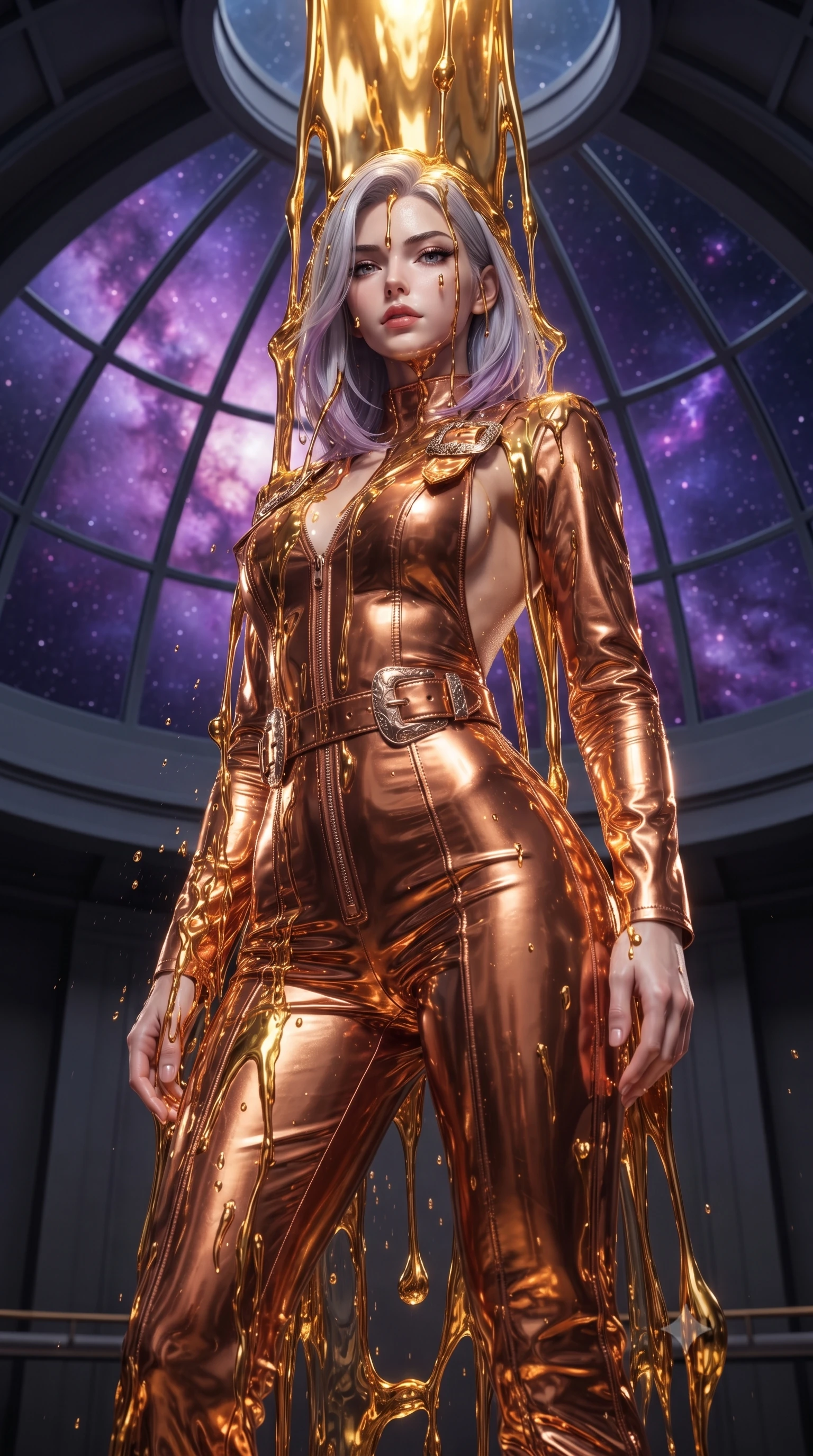 score_9, masterpiece, best quality, ultra-detailed, High-budget Anime Keyframe, editorial fashion photography, tasteful artistic composition, realistic cosplay photography, Caucasian woman, strictly human ears. Low angle cowboy shot filling the entire 9:16 frame with her statuesque presence. Scenario 493: standing under a waterfall of liquid gold, the fluid coating her form, in a high-altitude observatory dome under a swirling violet nebula. Her presence is magnetic and overpowering in this high-budget cinematic scene. Outfit 493: a tailored metallic copper patent leather jumpsuit with a dramatic backless design and metallic buckles. The clothing is designed to emphasize her exceptionally tall and slender 8-heads proportion. 8-heads proportion, towering silhouette, ultra-slim waist. sharp v-shaped jawline, intricate jewel-like eyes with depth, thick eyelashes, glossy lips. ultra-reflective glossy finish, specular highlights, metallic sheen, high-contrast stereoscopic depth, volumetric dynamic lighting, 2k, ultra detail, master piece, 9:16 ratio
