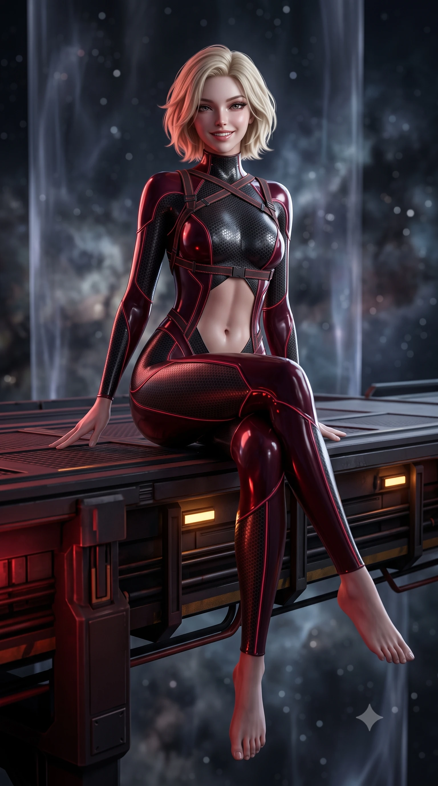 score_9, masterpiece, best quality, ultra-detailed, high-budget anime keyframe, semi-realistic 3D game render, editorial fashion photography, tasteful artistic composition, Caucasian woman. low angle full-body shot from head to toe showing her feet, filling the entire 9:16 vertical frame with her statuesque presence, stretching her vertical silhouette. sitting perched on the elevated maintenance gantry edge with legs crossed and hips angled toward the camera, displaying her toned midriff and long slender limbs with joyful, coquettish charm while kneeling lightly on one knee in an alert, seductive pose, her aerodynamic stealth suit clinging to her athletic curves with supermodel precision. The background shows a soft-focus translucent shimmering cloaking field boundaries and distant nebula clouds blurred into smoky charcoal, indigo, and starlight bokeh. She has an absolutely perfect, statuesque 8.5-heads proportion, an exceptionally tall and slender model-like female figure with impossibly long slender legs, an ultra-slim waist, a flat toned midriff, narrow delicate ribcage, and beautifully sculpted feminine hips creating a graceful, slim hourglass silhouette without any bulky heaviness. sharp v-shaped jawline, high-bridge nose, intricate jewel-like sparkling eyes with depth, thick eyelashes, glossy parted lips with a natural sheen, bright confident smile with an enchanting and coquettish sensual glint, exuding both youthful magnetic charm and sovereign high-tech allure, flawlessly proportioned anatomical accuracy, strict slender model proportions, natural body alignment, perfectly sculpted long slender limbs, ultra-slim waistline, clean dynamic posture without body distortion. wearing an aerodynamic second-skin combat bodysuit with hexagonal carbon weave and glowing circuit seam piping in deep wine crimson and dark carbon weave, made of smooth liquid latex with high-contrast stereoscopic depth and wet shine, finished with criss-cross Kevlar tactical straps tracing her graceful shoulder blades, the form-fitting tactical tailoring adhering flawlessly to her sculpted flat midriff and slender torso, emphasizing her long leg lines and perfectly proportioned willowy build. bathed in low-key red and dim amber tactical lighting contrasting with cold starlight. highly saturated vibrant anime colors, detailed shading with soft gradients, rich glossy textures, high-contrast stereoscopic depth, volumetric dynamic lighting, master piece, 9:16 ratio