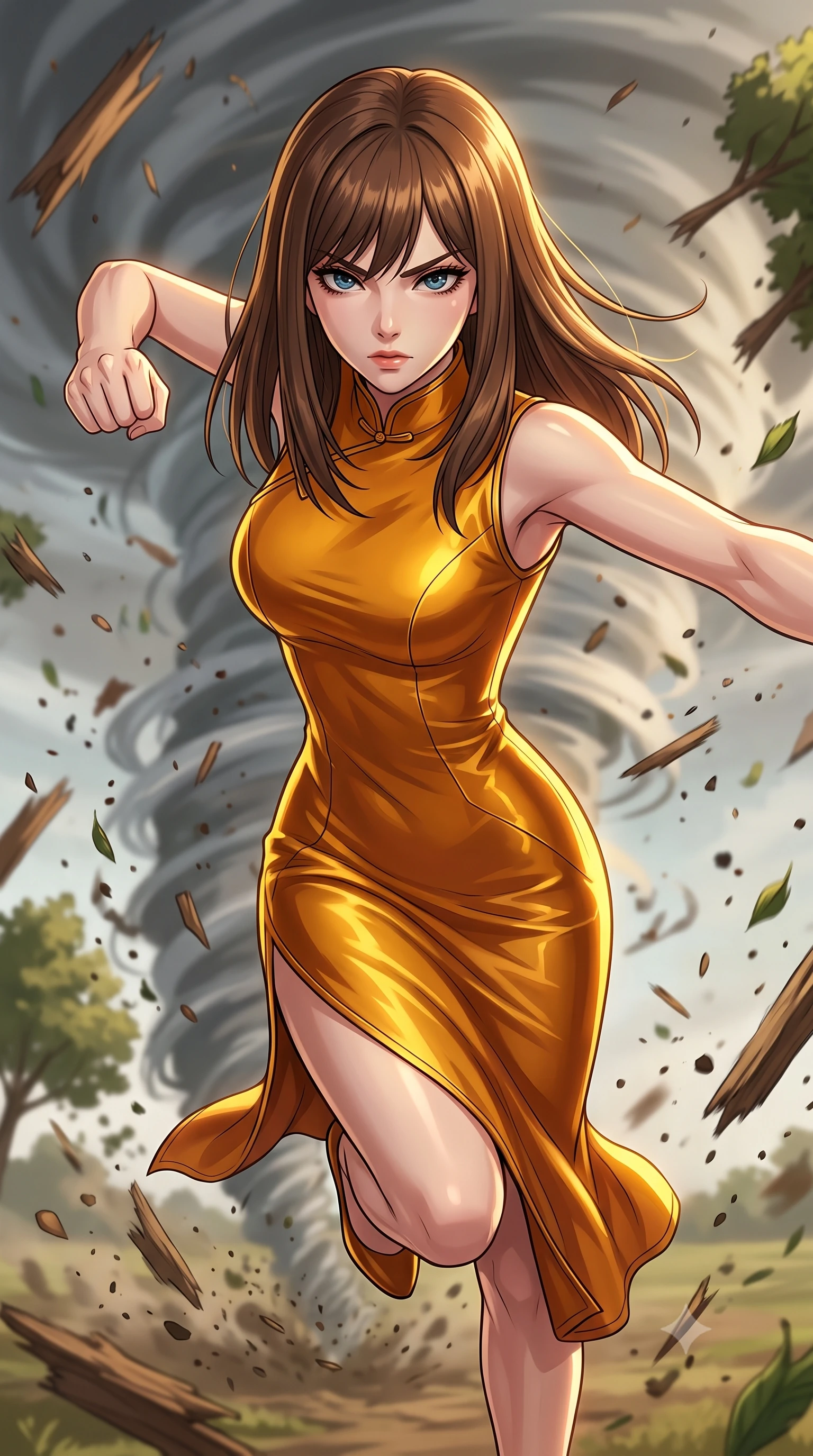 score_9, masterpiece, best quality, ultra-detailed, high-budget anime keyframe, clean line-art, cel-shading, Korean woman. close-up cowboy shot from the waist and thighs up, the character dominates the composition, filling the frame with her large presence, background elements kept in soft focus. Leaping into the camera's view with an aggressive, mid-action strike pose. set against a soft-focus background of an open plain where a tornado is actively ripping up trees and debris, sending wooden splinters and dirt flying in a vortex. She has an exceptionally elegant and slender, willowy female figure with an ultra-slim waist, a gracefully sculpted slender torso, and a refined slim physique. sharp v-shaped jawline, high-bridge nose, intricate jewel-like eyes with depth, thick eyelashes, glossy lips with a natural sheen. wearing tailored for maximum mobility, sleek form-contouring panels that allow fluid movement, a body-hugging form-contouring qipao-inspired midi dress in liquid amber silk with a mandarin collar, catching gold reflections along her curves. dramatic chiaroscuro with a single golden key light sculpting her silhouette. highly saturated vibrant anime colors, intense vivid color palette, volumetric dynamic lighting, 2k, ultra detail, master piece, 9:16 ratio
