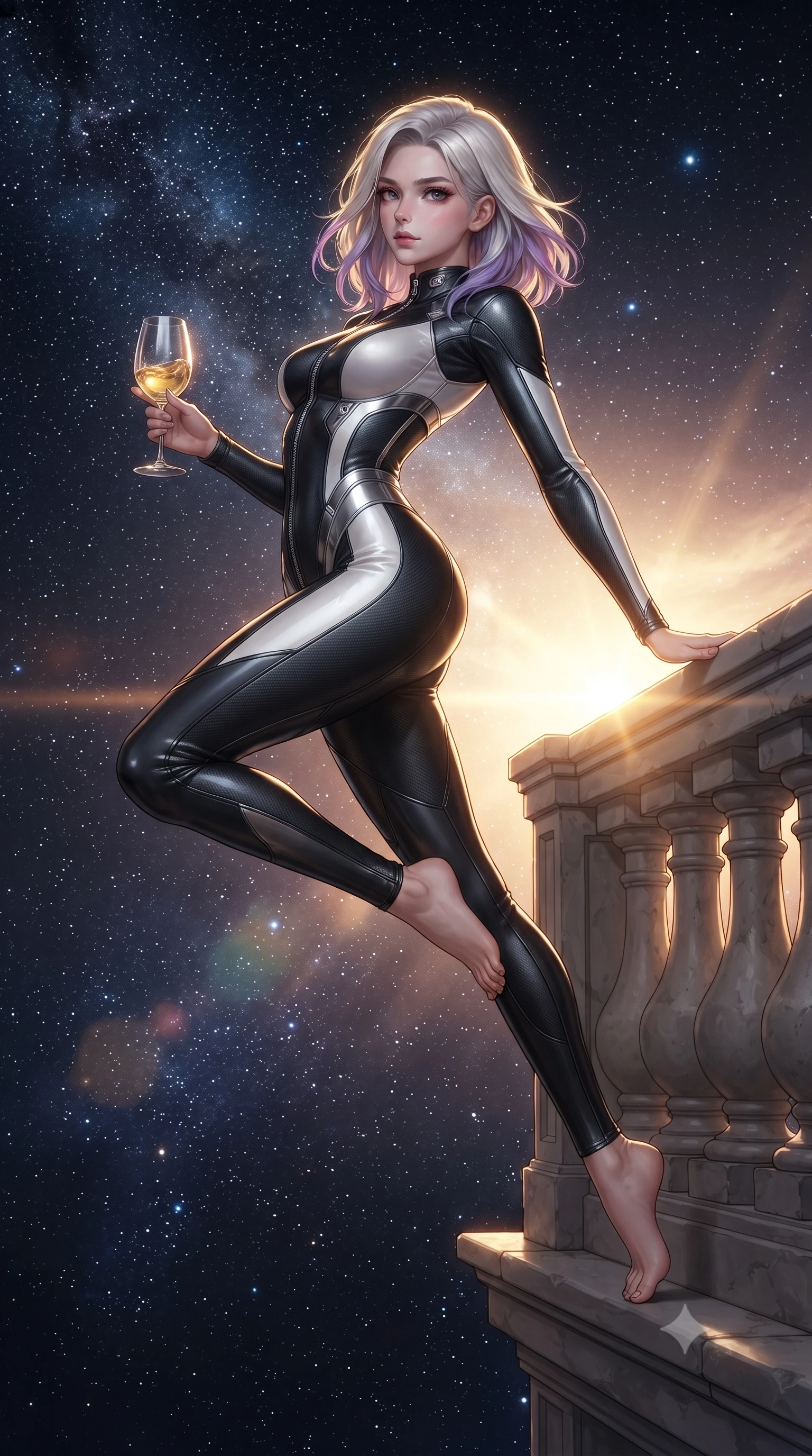 score_9, masterpiece, best quality, ultra-detailed, high-budget anime keyframe, editorial fashion photography, tasteful artistic composition, Caucasian woman. low angle full-body shot from head to toe showing her feet, filling the entire 9:16 vertical frame with her statuesque presence, stretching her vertical silhouette. leaping dynamically through the starry space, her posture full of power and elegance, resting against a stone balustrade holding a crystal glass of golden wine, effortless European resort luxury aesthetic. She has an absolutely perfect, statuesque 8.5-heads proportion, an exceptionally tall and slender model-like female figure with impossibly long slender legs and an ultra-slim waist. sharp v-shaped jawline, high-bridge nose, intricate jewel-like eyes with depth, thick eyelashes, glossy lips with a natural sheen. wearing second-skin matte carbon-fiber combat suit in onyx black in pearl white, made of liquid dark mercury jersey, finished with metallic silver boning and sleek zipper points, the fitted fabric emphasizing her ultra-slim waist. surrounded by a radiant sunset ambiance with bright golden rim lights. ultra-reflective glossy finish, specular highlights, metallic sheen, high-contrast stereoscopic depth, volumetric dynamic lighting, 2k, ultra detail, master piece, 9:16 ratio