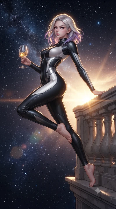 score_9, masterpiece, best quality, ultra-detailed, high-budget anime keyframe, editorial fashion photography, tasteful artistic composition, Caucasian woman. low angle full-body shot from head to toe showing her feet, filling the entire 9:16 vertica