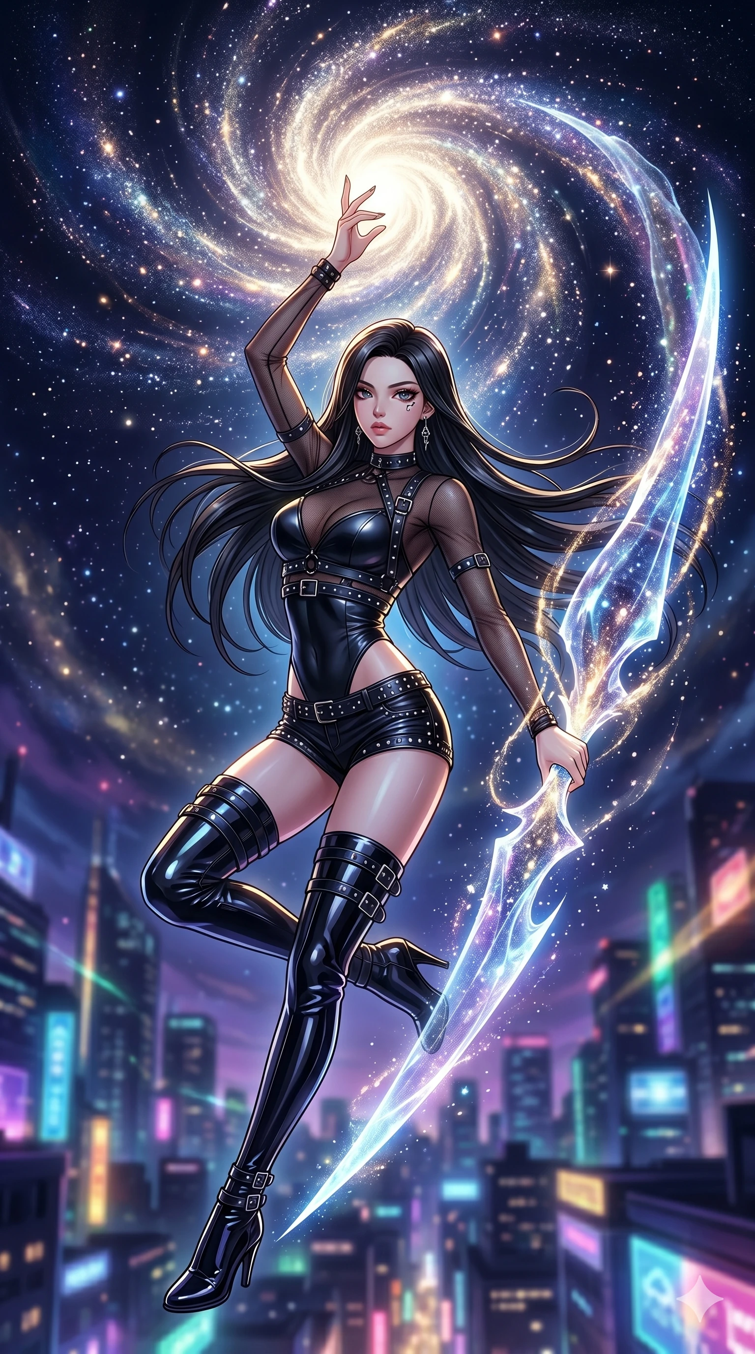 score_9, masterpiece, best quality, ultra-detailed, high-budget anime movie keyframe, cinematic anime lighting, intricate line art, Japanese woman. Mid-air action shot capturing a graceful twist and vertical silhouette. drawing stardust from the sky and shaping it into a blade. She has an absolutely perfect 8-heads proportion, an exceptionally tall and slender female figure with an ultra-slim waist and impossibly long slender legs. strictly human anatomy, two legs only, no extra limbs, clearly defined legs and arms, perfect anatomy, perfect hands and fingers. sharp v-shaped jawline, high-bridge nose, intricate jewel-like eyes, thick eyelashes, glossy lips. Wearing K-Idol Stage: Leather harness over mesh, high-cut bodysuit, studded micro-shorts, and thigh-high patent boots. The scene is illuminated by dramatic atmospheric lighting and vibrant color palettes. , 2k, ultra detail, master piece, 9:16 ratio