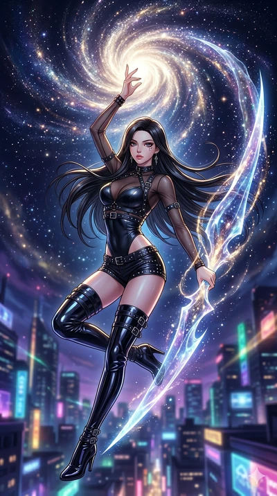 score_9, masterpiece, best quality, ultra-detailed, high-budget anime movie keyframe, cinematic anime lighting, intricate line art, Japanese woman. Mid-air action shot capturing a graceful twist and vertical silhouette. drawing stardust from the sky 