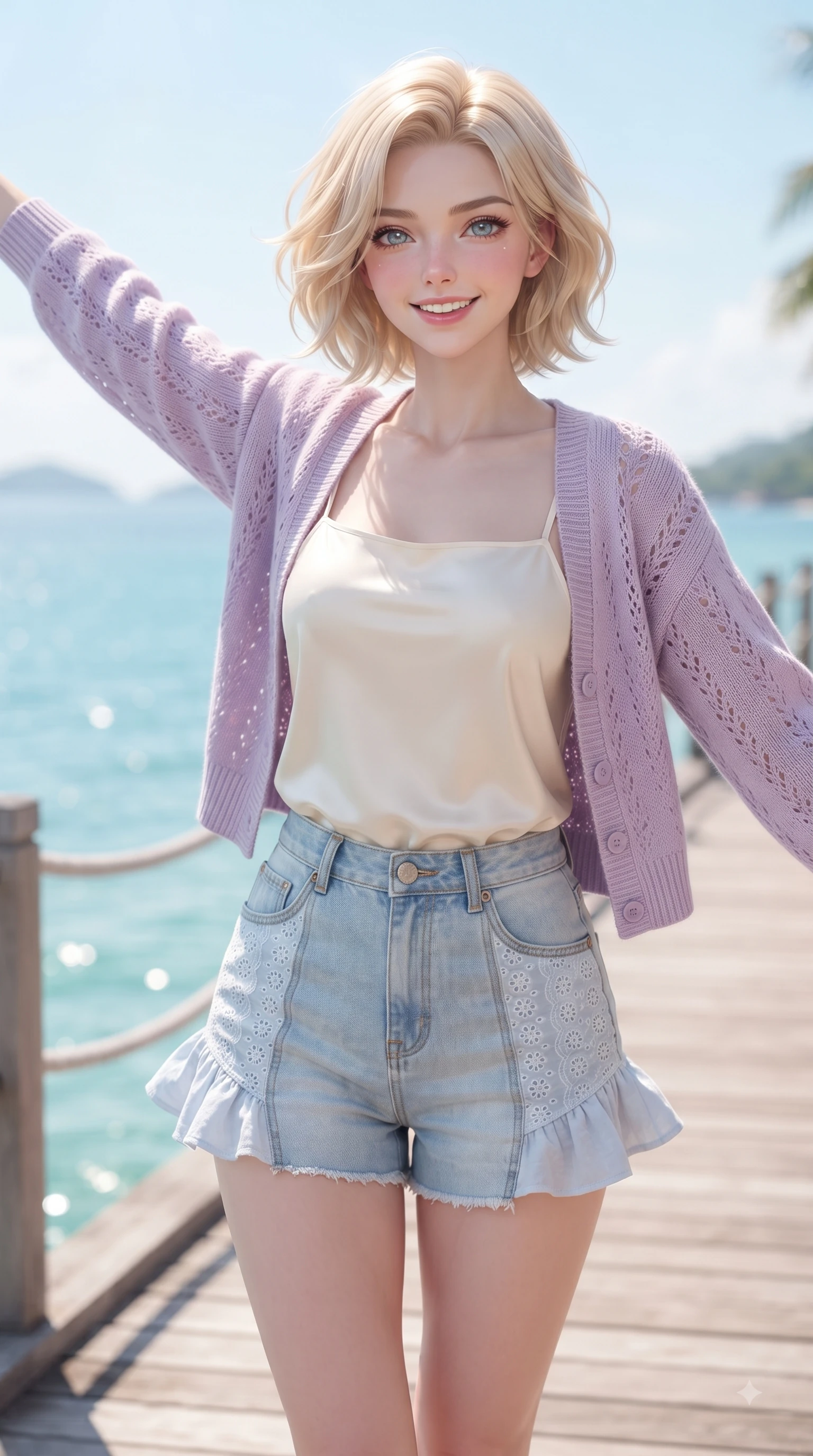 score_9, masterpiece, best quality, ultra-detailed, high-budget anime keyframe, editorial fashion photography, tasteful artistic composition, Caucasian woman. close-up cowboy shot from the waist and thighs up, the character dominates the composition, filling the frame with her large presence. Fresh enchanting smile, her eyes twinkling like jewels in the bright sunlight as one arm reaches out cheerfully while walking cheerfully along a coastal wooden boardwalk overlooking a turquoise ocean under a bright blue sky. The composition keeps background elements in soft focus with dreamy bokeh. sparkling turquoise sea waves and distant island horizons blurred into smooth ocean bokeh. She has an exceptionally elegant, slender, and willowy female figure with an ultra-slim waist, a gracefully sculpted slender torso, and a refined silhouette. sharp v-shaped jawline, high-bridge nose, intricate jewel-like eyes with depth, thick eyelashes, glossy lips with a natural sheen, flawlessly proportioned anatomical accuracy, natural body alignment, perfectly sculpted elegant limbs, clean dynamic posture without body distortion. wearing a soft lavender knit cardigan worn over a simple cream silk camisole and light-wash denim shorts in baby blue and cloud white, woven with delicate eyelet lace and soft cotton, featuring elegant flutter sleeves and a graceful square neckline, the soft airy drape swaying gracefully with her dynamic movements. bathed in brilliant tropical sunshine and glittering ocean water refractions. ultra-reflective glossy finish, specular highlights, metallic sheen, high-contrast stereoscopic depth, volumetric dynamic lighting, 2k, ultra detail, master piece, 9:16 ratio