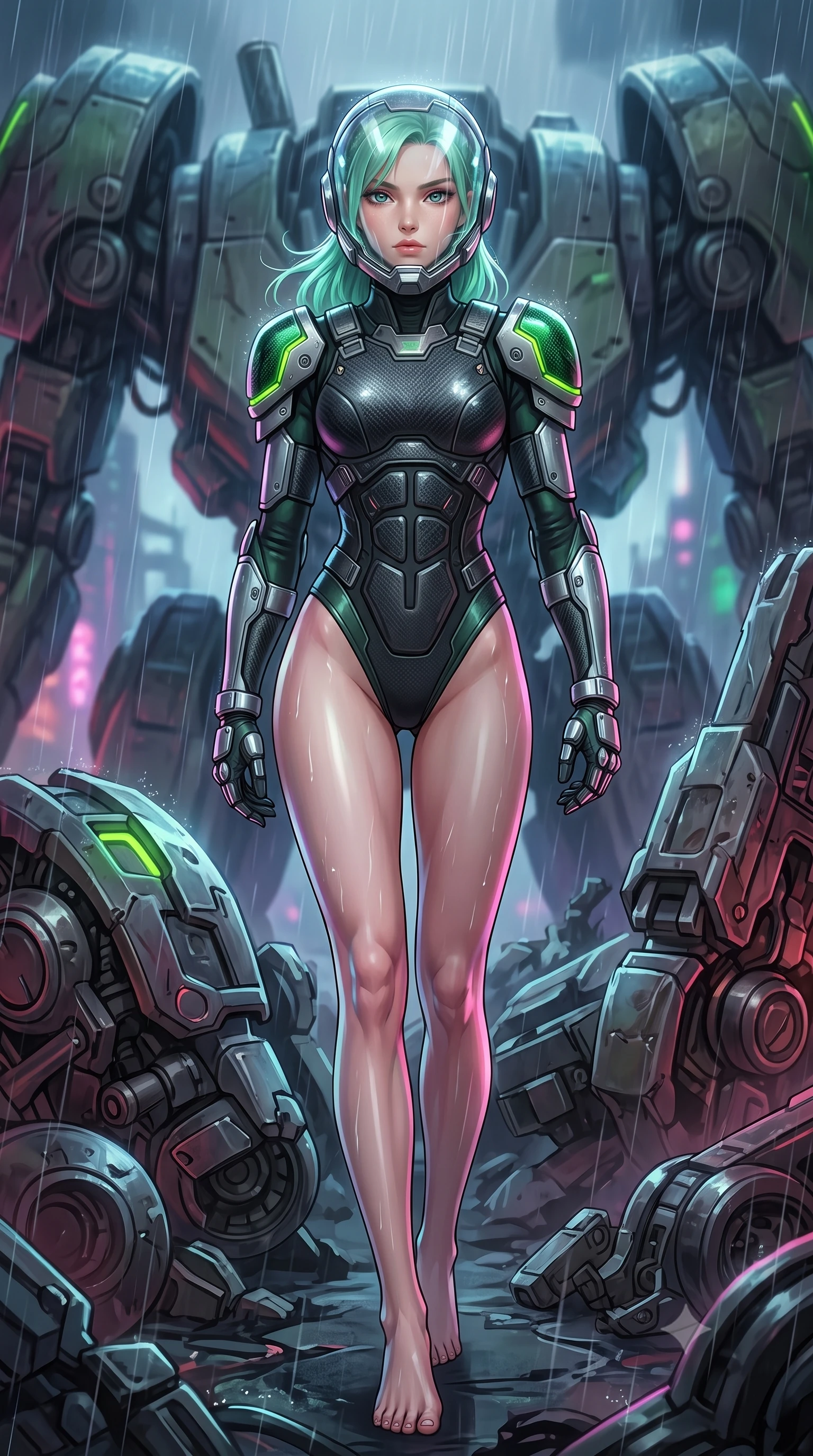 score_9, masterpiece, best quality, ultra-detailed, high-budget anime keyframe, semi-realistic 3D game render, editorial fashion photography, tasteful artistic composition, Japanese woman. low angle full-body shot from head to toe showing her feet, filling the entire 9:16 vertical frame with her statuesque presence, stretching her vertical silhouette. striding forward with sovereign warrior elegance in a low, predatory combat advance through the ruins, hips swaying with fierce athletic poise while arching her spine in a fluid stretch as rain washes the dust from her bare neck and determined face. The surrounding environment is rendered in vivid detail and crisp panoramic clarity. high-contrast mechanical chiaroscuro and monumental war-machine wreckage captured with precision. She has an absolutely perfect, statuesque 8.5-heads proportion, an exceptionally tall and slender model-like female figure with impossibly long slender legs, a toned flat midriff, and an ultra-slim waist. sharp v-shaped jawline, high-bridge nose, intricate jewel-like eyes with depth, thick eyelashes, glossy lips with a natural sheen, fierce and resolute heroine expression, flawlessly proportioned anatomical accuracy, strict slender model proportions, natural body alignment, perfectly sculpted long slender limbs, ultra-slim waistline, clean dynamic posture without body distortion. wearing a crystal-clear transparent armored riot-visor helmet showing her entire beautiful face and determined expression with pristine clarity, paired with a heavy modular carbon-fiber combat cuirass paired with a second-skin tactical leotard and reinforced titanium shoulder pauldrons in toxic emerald green carbon composite with glowing lime warning channels, made of lightweight aerodynamic carbon-titanium alloy with precision-beveled armor seams, detailed with kinetic shock-dampening knuckle guards and polished chrome connection joints, the sleek second-skin cut tightly hugging her graceful clavicle, narrow waist, and feminine curves with athletic precision. surrounded by a triumphant, exhausted yet indomitable lone heroine sovereignty aura. rich saturated anime colors with glowing neon highlights, detailed shading with soft gradients, rich glossy textures, high-contrast stereoscopic depth, volumetric dynamic lighting, master piece, 9:16 ratio
