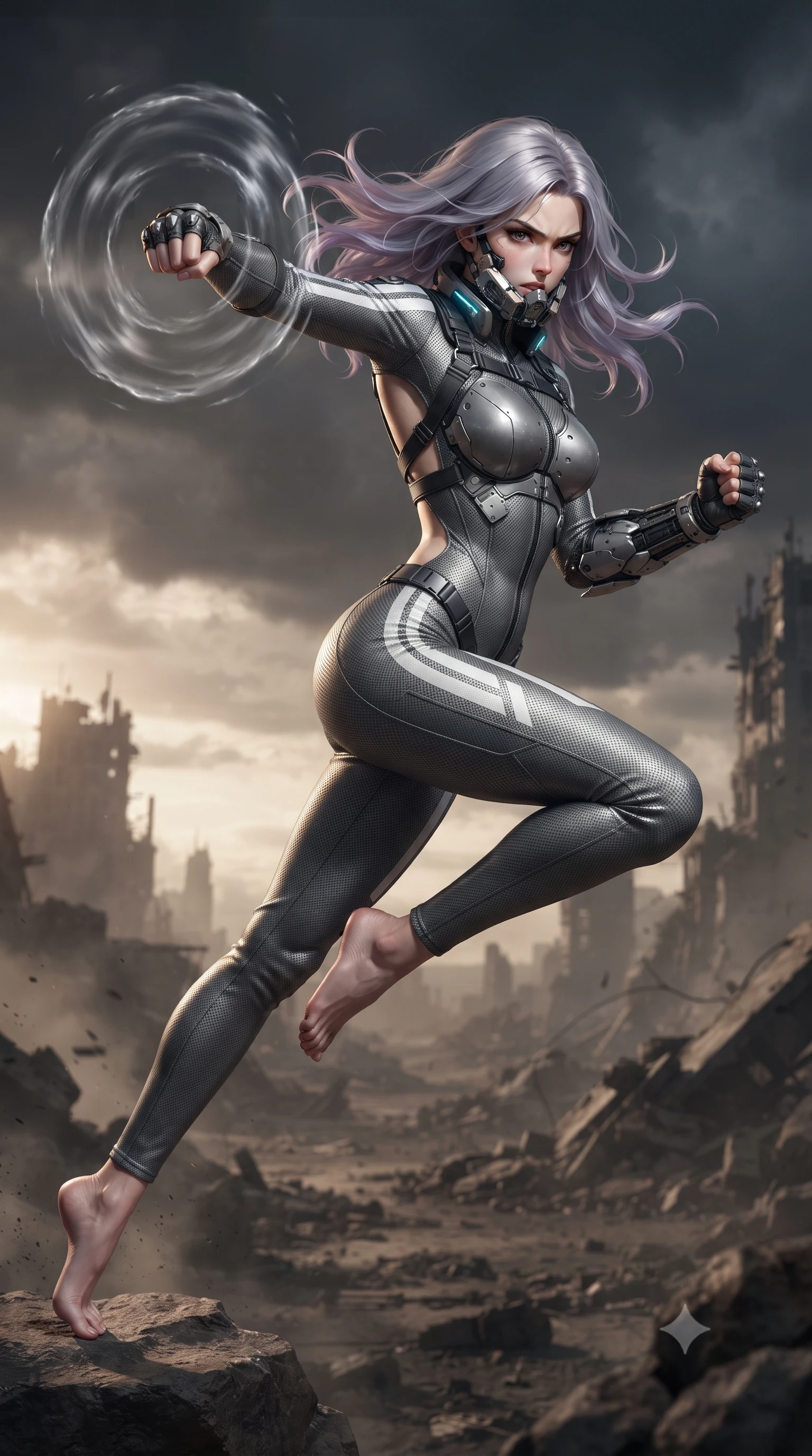 score_9, masterpiece, best quality, ultra-detailed, high-budget anime keyframe, editorial fashion photography, tasteful artistic composition, Caucasian woman. low angle full-body shot from head to toe showing her feet, filling the entire 9:16 vertical frame with her statuesque presence, stretching her vertical silhouette. leaping into mid-air with an athletic yet alluring arch of her spine, driving a downward kinetic strike surrounded by a ring of displaced air while arching her spine in a fluid motion as she parries an unseen shockwave with her reinforced kinetic forearm bracers. The surrounding environment is rendered in vivid detail and crisp panoramic clarity. dramatic post-apocalyptic chiaroscuro and vast desolate wasteland geometry rendered in panoramic precision. She has an absolutely perfect, statuesque 8.5-heads proportion, an exceptionally tall and slender model-like female figure with impossibly long slender legs, a toned flat midriff, and an ultra-slim waist. sharp v-shaped jawline, high-bridge nose, intricate jewel-like eyes with depth, thick eyelashes, glossy lips with a natural sheen, fierce and resolute heroine expression, flawlessly proportioned anatomical accuracy, strict slender model proportions, natural body alignment, perfectly sculpted long slender limbs, ultra-slim waistline, clean dynamic posture without body distortion. wearing a sleek titanium half-face combat rebreather guard protecting her lower jaw while leaving her expressive eyes and long hair flowing freely, paired with a tailored tactical combat jumpsuit with an open-back harness design, reinforced composite breastplate, and high-mobility elbow dampers in storm-grey carbon mesh with high-contrast white hazard stripes, crafted from ultra-strong woven carbon-fiber composite with battle-tested satin luster, featuring a sleek aerodynamic collar framed by subtle glowing cybernetic status LEDs, the form-contouring material adhering flawlessly to her sculpted flat midriff and slender torso, emphasizing her long leg lines and perfectly proportioned willowy build. surrounded by a solitary, monumental, and sacredly resilient post-apocalyptic guardian aura. ultra-reflective glossy finish, specular highlights, dark metallic sheen, high-contrast stereoscopic depth, volumetric dynamic lighting, 2k, ultra detail, master piece, 9:16 ratio