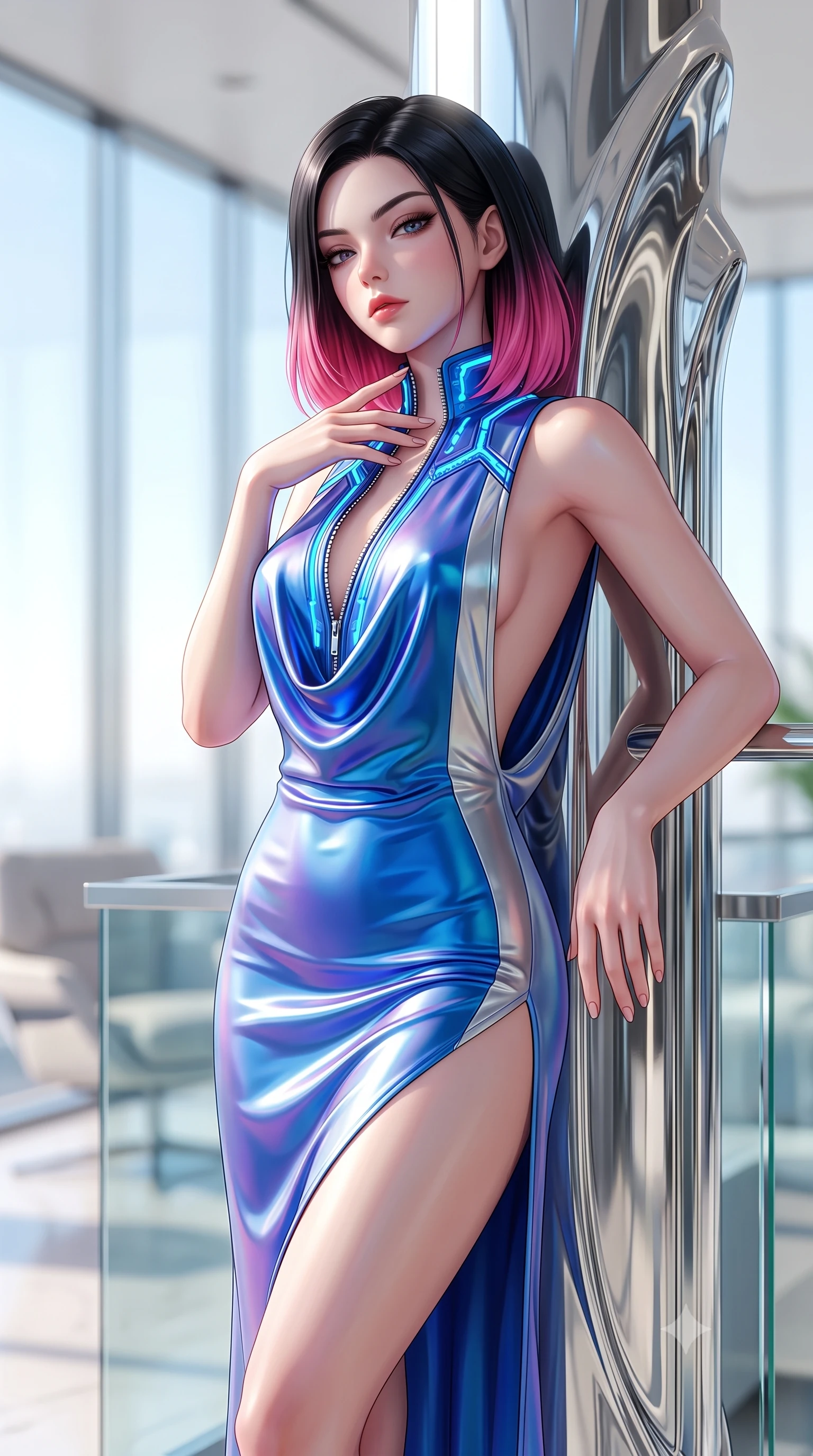 score_9, masterpiece, best quality, ultra-detailed, high-budget anime keyframe, semi-realistic 3D game render, editorial fashion photography, tasteful artistic composition, Korean woman. close-up cowboy shot from the waist and thighs up, the character dominates the composition, filling the frame with her large presence. resting her fingers lightly against her throat while looking down with a smoldering, haughty yet intensely captivating glance while leaning against a polished chrome architectural column with a confident, smoldering editorial gaze. The composition keeps background elements in soft focus with creamy bokeh. minimalist designer furnishings and glass railings softened by luminous shallow depth of field. She has an exceptionally elegant, slender, and willowy female figure with an ultra-slim waist, a gracefully sculpted slender torso, toned flat midriff, and a refined slim silhouette. sharp v-shaped jawline, high-bridge nose, intricate jewel-like eyes with depth, thick eyelashes, glossy lips with a natural sheen, flawlessly proportioned anatomical accuracy, strict slender model proportions, natural body alignment, perfectly sculpted long slender limbs, ultra-slim waistline, clean dynamic posture without body distortion. wearing a precision-fitted liquid jersey bodycon dress with a dramatic draped cowl back that swoops down to her waist and a high side slit in liquid electric cobalt blue and polished silver, made of smooth iridescent silk chiffon that shifts colors with movement, featuring a dangerously unzipped neckline framed by glowing cybernetic accents, the form-contouring material adhering flawlessly to her sculpted flat midriff and slender torso, emphasizing her long leg lines and perfectly proportioned willowy build. bathed in bright, clean high-key natural sunlight flooding through panoramic glass walls. highly saturated vibrant anime colors, detailed shading with soft gradients, rich glossy textures, high-contrast stereoscopic depth, volumetric dynamic lighting, master piece, 9:16 ratio