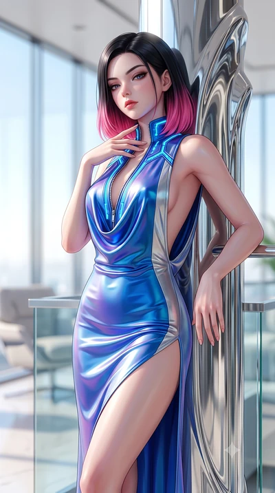 score_9, masterpiece, best quality, ultra-detailed, high-budget anime keyframe, semi-realistic 3D game render, editorial fashion photography, tasteful artistic composition, Korean woman. close-up cowboy shot from the waist and thighs up, the characte