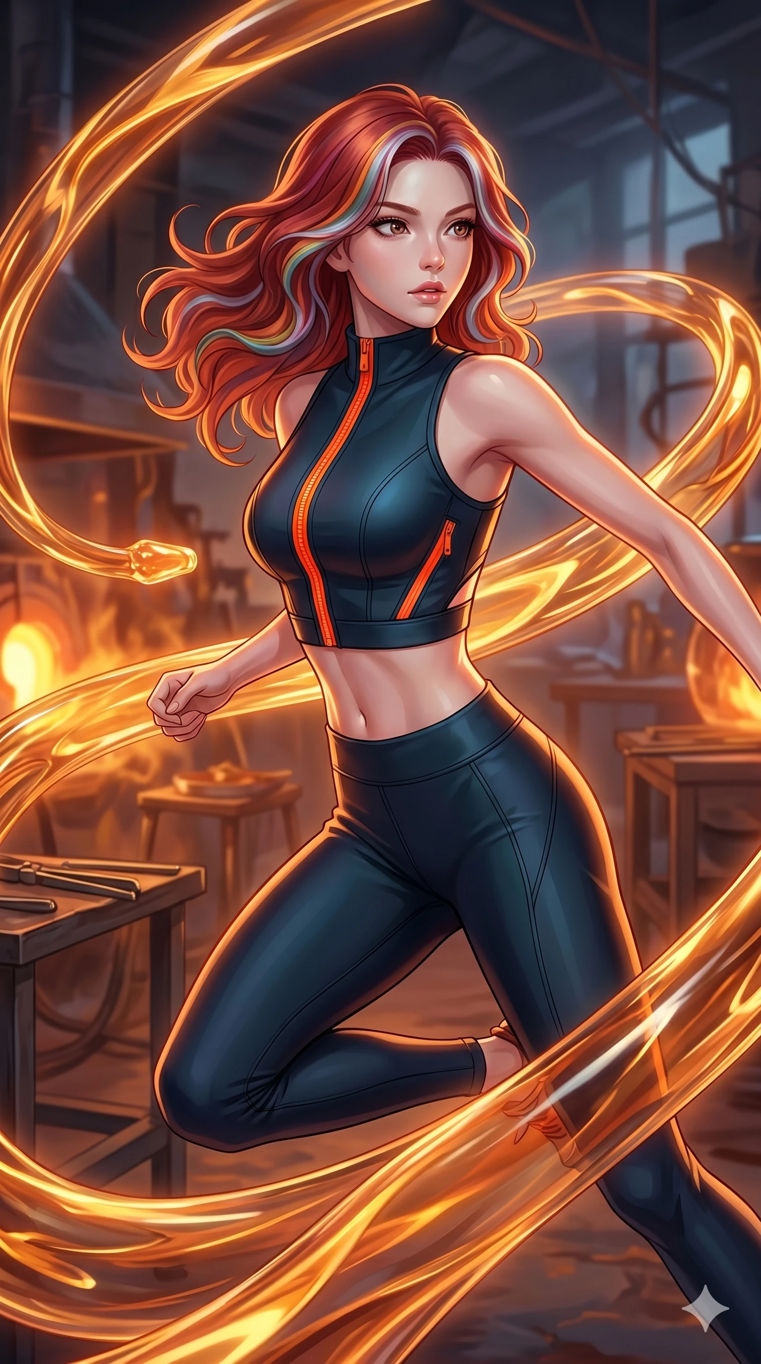 score_9, masterpiece, best quality, ultra-detailed, high-budget anime keyframe, Korean woman. upper body close-up from the thighs up, character filling the screen for maximum presence. bounding through a molten glass art studio where twisting, glowing amber glass tubes rotate like fluid rivers in a heated environment. She has an absolutely perfect 8-heads proportion, an exceptionally tall and slender female figure with impossibly long slender legs and an ultra-slim waist. V-shaped jawline, high-bridge nose, intricate jewel-like eyes with depth, thick eyelashes, glossy lips with a natural sheen.. wearing a form-form-sculpting neoprene cyber-athleisure set, featuring a fitted crop top and leggings with fluorescent orange zipper accents and side slash panels. lit by a soft glowing ambient light and a sharp side key light that traces the sleek contours of her athletic build. 2k, ultra detail, master piece, 9:16 ratio
