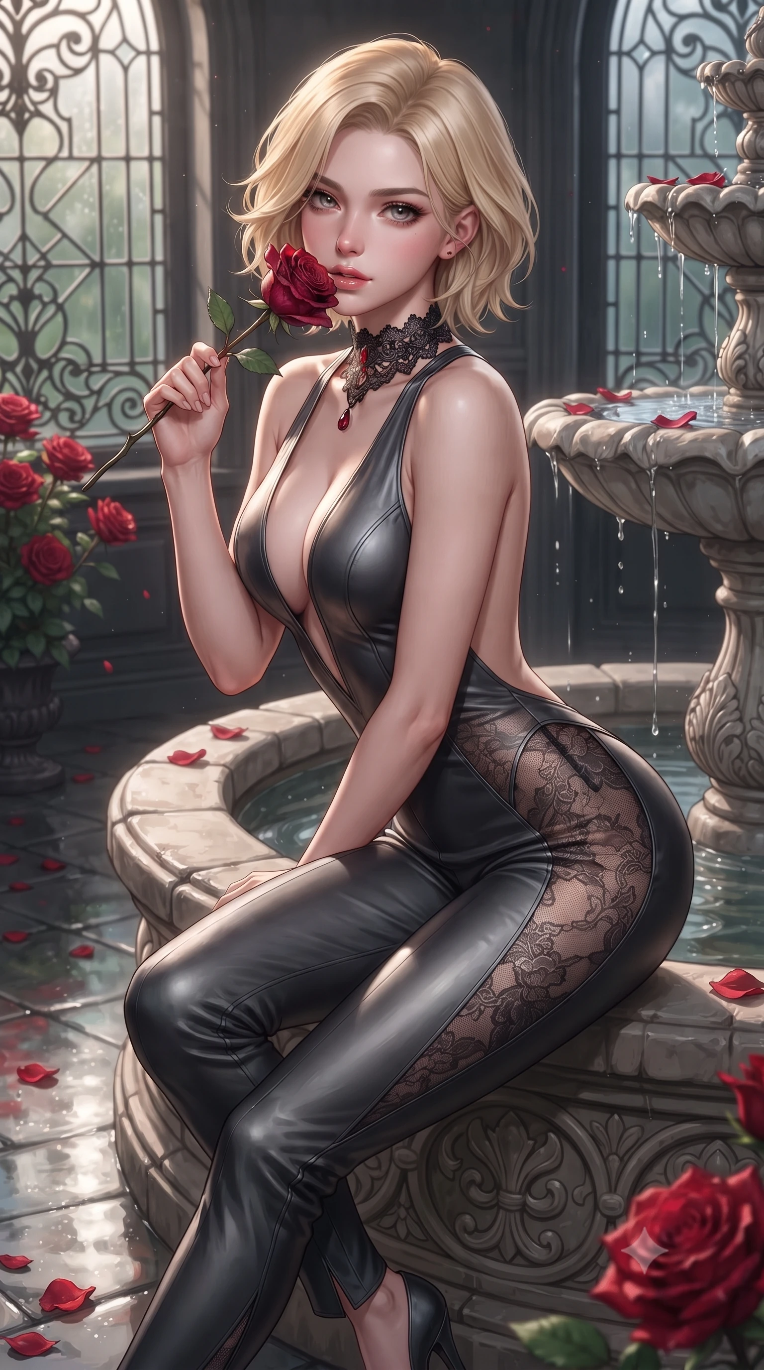 score_9, masterpiece, best quality, ultra-detailed, high-budget anime keyframe, editorial fashion photography, tasteful artistic composition, Caucasian woman. close-up cowboy shot from the waist and thighs up, the character dominates the composition, filling the frame with her large presence. leaning forward while arching her lower back to accentuate her curvy hips, looking into the camera with an intoxicating smoldering gaze and bedroom-eyes while sitting perched on the carved stone fountain rim with legs crossed, holding a thorny deep-red rose near her parted glossy lips. The surrounding environment is rendered in vivid detail and crisp panoramic clarity: sharp deep-pile red rose petal dew droplets, cast-iron filigree scrollwork, and leaded glass window cames in deep focus. She has an exceptionally elegant, slender, and willowy female figure with an ultra-slim waist, flat toned midriff, narrow ribcage, and sculpted feminine hips creating an alluring, slim hourglass silhouette without bulk. sharp v-shaped jawline, high-bridge nose, sparkling eyes with hypnotic seductive depth, thick curled eyelashes, glossy parted lips with a natural dewy peach sheen, alluring bedroom-eyes with an enchanting coquettish smile, exuding magnetic siren charisma and sophisticated glamour, flawlessly proportioned anatomical accuracy, strict slender model proportions, natural body alignment, perfectly sculpted long slender limbs, ultra-slim waistline, clean dynamic posture without body distortion. wearing a backless plunge-front second-skin velvet jumpsuit with fluid tapered legs and sheer lace hip inserts in molten liquid silver and midnight charcoal with platinum highlights, woven from buttery-soft stretch lambskin leather adhering to her body like a second skin, accented with an ornate black lace Victorian choker featuring a single blood-red teardrop garnet, the precision-cut side openings and low-back scoop framing her graceful spine and the sensual sweep of her slim, toned hips. illuminated by wet stone floor reflections and sharp platinum rim lights defining her delicate clavicles, ultra-slim waist, and curvy hips. ultra-reflective glossy finish, specular highlights, rich textural contrasts, high-contrast stereoscopic depth, volumetric dynamic lighting, 2k, ultra detail, master piece, 9:16 ratio