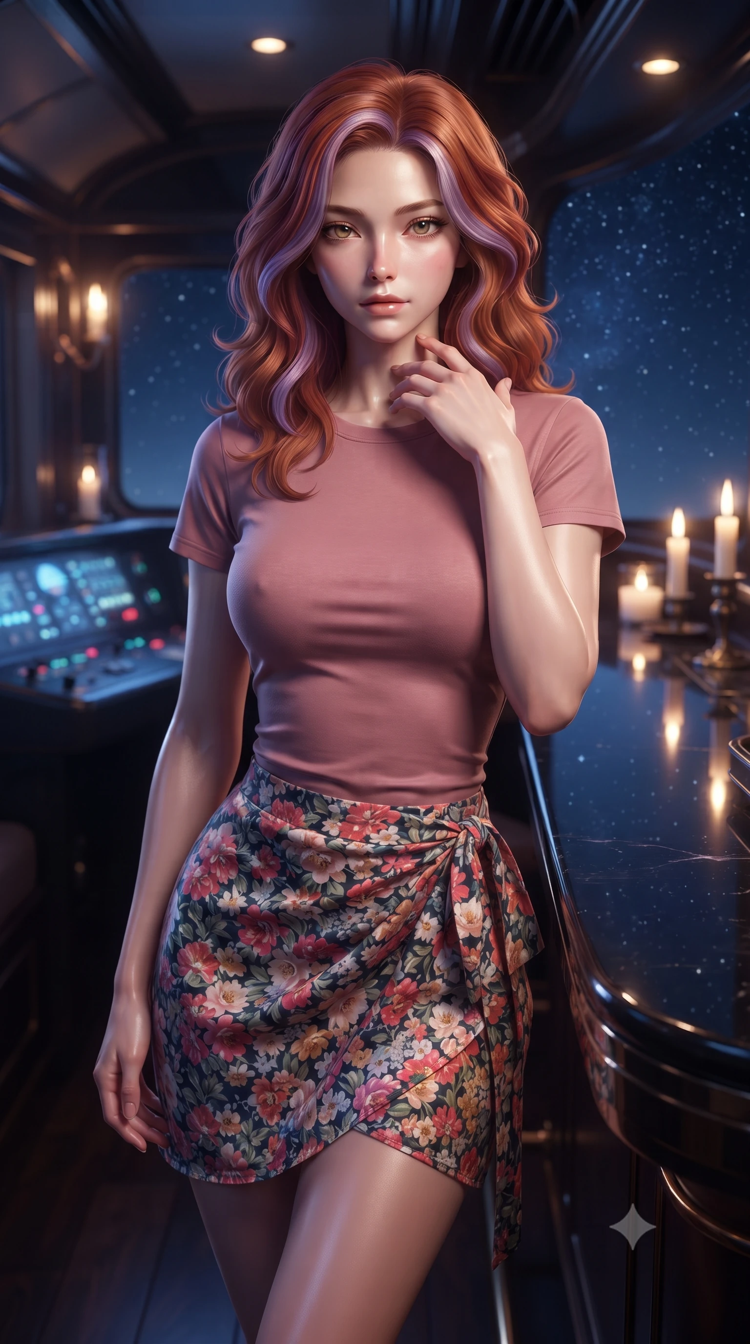 score_9, masterpiece, best quality, ultra-detailed, high-budget anime keyframe, editorial fashion photography, tasteful artistic composition, Caucasian woman. close-up cowboy shot from the waist and thighs up, the character dominates the composition, filling the frame with her large presence, background elements kept in soft focus. standing with one hand resting on her collarbone, looking at the viewer with bedroom-eyes the background shows a soft-focus a scenic train bar with a polished obsidian counter reflecting the starry night sky. She has an exceptionally elegant, slender, and willowy female figure with an ultra-slim waist, a gracefully sculpted slender torso, and a refined silhouette. sharp v-shaped jawline, high-bridge nose, intricate jewel-like eyes with depth, thick eyelashes, glossy lips with a natural sheen. wearing a slim-fit simple crewneck t-shirt in dusty pink paired with a floral print wrap skirt. soft ambient blue light from the dashboard contrasting with warm candlelight. ultra-reflective glossy finish, specular highlights, metallic sheen, high-contrast stereoscopic depth, volumetric dynamic lighting, 2k, ultra detail, master piece, 9:16 ratio
