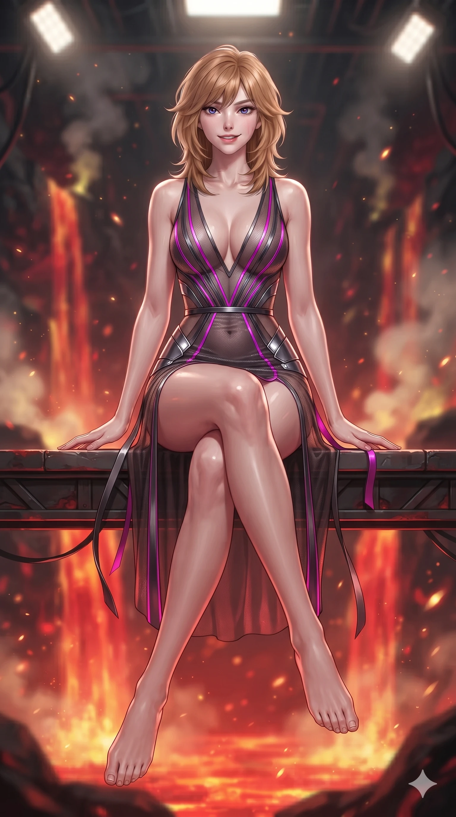 score_9, masterpiece, best quality, ultra-detailed, high-budget anime keyframe, editorial fashion photography, tasteful artistic composition, Korean woman. low angle full-body shot from head to toe showing her feet, filling the entire 9:16 vertical frame with her statuesque presence, stretching her vertical silhouette. stepping slowly toward the camera with hypnotic grace, hips swaying in an alluring sensual rhythm that accentuates her curvy hourglass silhouette and long slender legs while sitting poised on the observation gantry ledge with legs crossed, flashing an enchanting, confident smile as thermal winds flutter her ribbons. The background shows a soft-focus cascading subterranean magma waterfalls, rising sulfur steam plumes, and glowing ember motes blurred into crimson, vermilion, and gold bokeh. She has an absolutely perfect, statuesque 8.5-heads proportion, an exceptionally tall and slender model-like female figure with impossibly long slender legs, an ultra-slim waist, a flat toned midriff, narrow delicate ribcage, and beautifully sculpted feminine hips creating a graceful, slim hourglass silhouette without any bulky heaviness. sharp v-shaped jawline, high-bridge nose, intricate jewel-like sparkling eyes with depth, thick eyelashes, glossy parted lips with a natural sheen, bright confident smile with an enchanting and coquettish sensual glint, exuding both youthful magnetic charm and sovereign high-tech allure, flawlessly proportioned anatomical accuracy, strict slender model proportions, natural body alignment, perfectly sculpted long slender limbs, ultra-slim waistline, clean dynamic posture without body distortion. wearing a plunge-front sheer illusion technical mesh slip dress with liquid platinum ribbon stripes hugging her curves in deep titanium gunmetal and radiant magenta neon, featuring strategic sheer-illusion tulle side panels framing her ribcage and hips, accented with strategically placed chrome armor plate guards covering key curves, the liquid-tight tailored fabric clinging flawlessly to her narrow waist and rounded feminine hips, emphasizing every millimeter of her sculpted slim hourglass curves without any bulky heaviness. bathed in the radiant 2000K upward glow of the cascading magma river combined with overhead industrial quartz worklights. ultra-reflective glossy finish, specular highlights, rich textural contrasts, high-contrast stereoscopic depth, volumetric dynamic lighting, 2k, ultra detail, master piece, 9:16 ratio