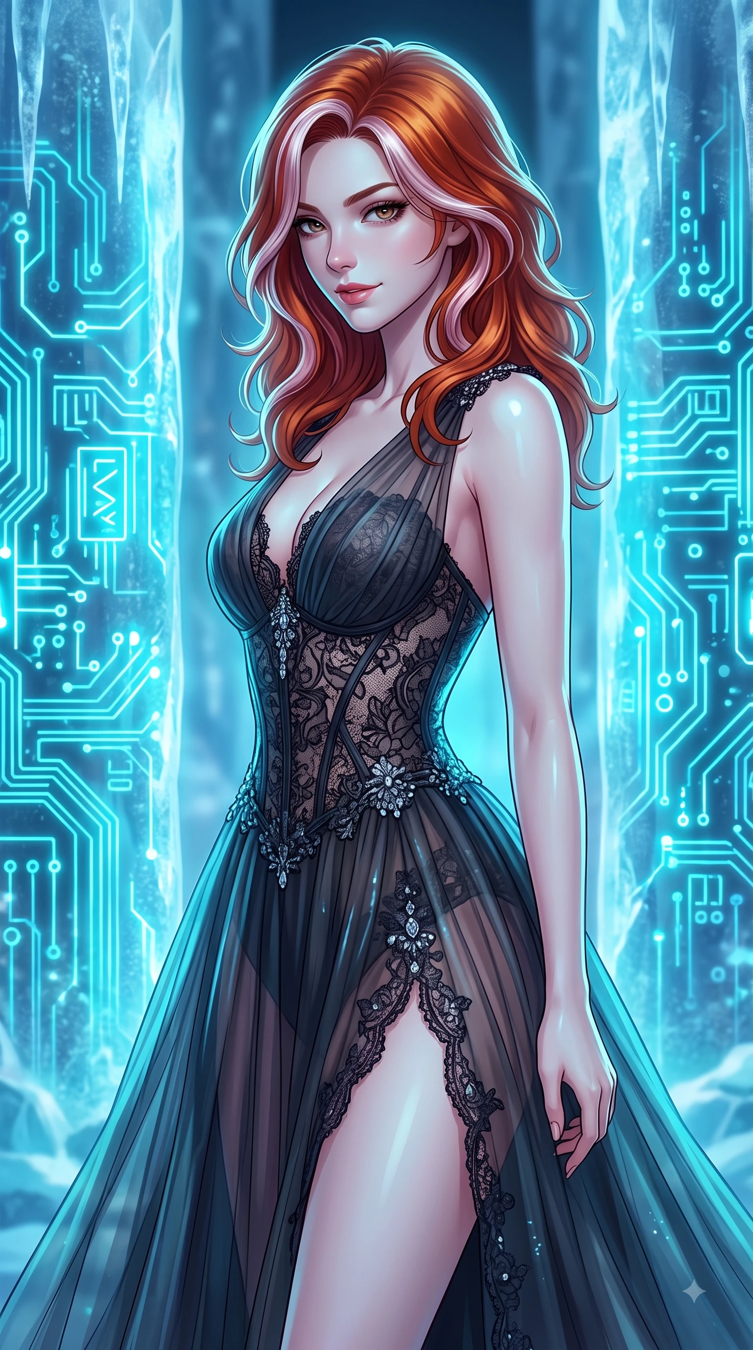 score_9, masterpiece, best quality, ultra-detailed, high-budget anime keyframe, editorial fashion photography, tasteful artistic composition, Caucasian woman woman. close-up cowboy shot from the waist and thighs up, the character dominates the composition, filling the frame with her large presence, background elements kept in soft focus. She has an exceptionally elegant, slender, and willowy female figure with an ultra-slim waist, a gracefully sculpted slender torso, and a refined silhouette. glancing sidelong over her shoulder with a smoldering, magnetic half-smile, flawlessly proportioned anatomical accuracy, natural body alignment, perfectly sculpted elegant limbs, clean dynamic posture without body distortion. set against a soft-focus background of frozen ice columns embedded with pulsing neon circuit boards. wearing a dark sheer tulle evening gown with an intricate lace corset and daring thigh-high slit. bathed in glowing cyan light radiating from sub-zero circuit runes with cool ambient backdrops. highly saturated vibrant anime colors, detailed shading with soft gradients, rich glossy textures, high-contrast stereoscopic depth, volumetric dynamic lighting, master piece, 9:16 ratio