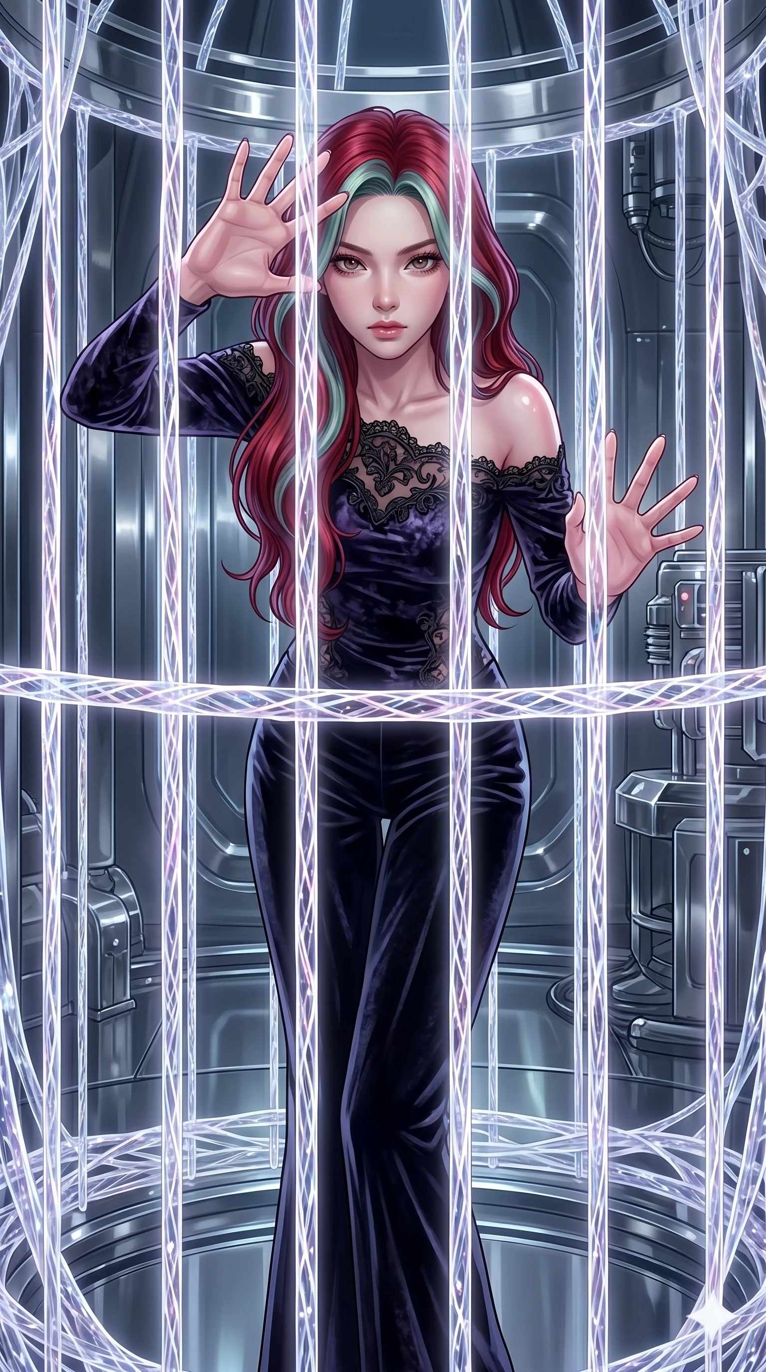 score_9, masterpiece, best quality, ultra-detailed, High-budget Anime Keyframe, East Asian woman. Dynamic full-body shot stretching the vertical silhouette to the limit. Scenario 252: Trapped in a cage of glowing crystalline fibers, body pressing against the bars. Her presence is magnetic and overpowering in this high-budget anime scene. Outfit 252: A crushed dark velvet second with a low-cut shoulder and delicate lace embroidery. The clothing is designed to emphasize her exceptionally tall and slender 8-heads proportion. 8-heads proportion, towering silhouette, ultra-slim waist. sharp v-shaped jawline, intricate jewel-like eyes with depth, thick eyelashes, glossy lips. 2k, ultra detail, master piece, 9:16 ratio