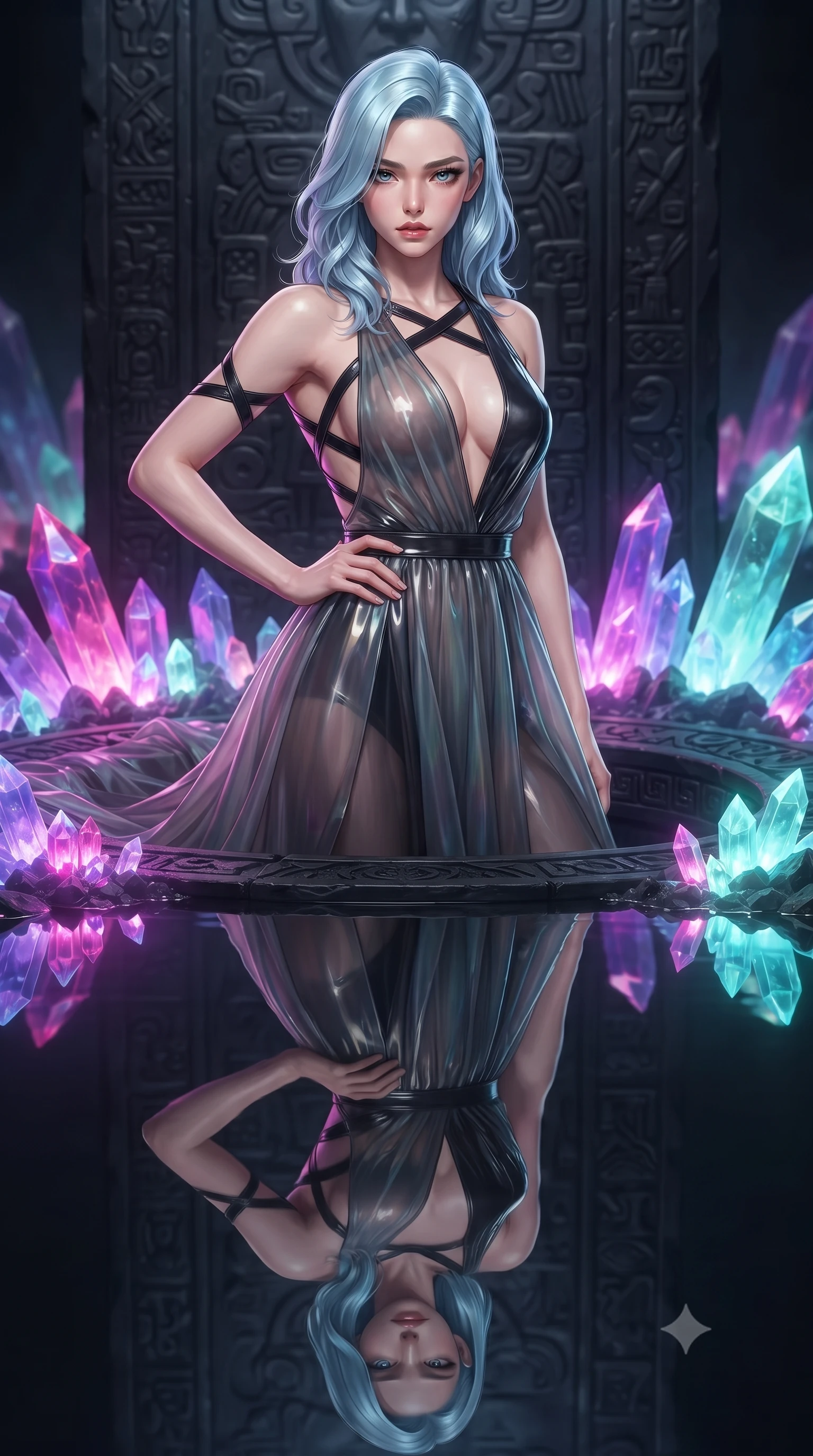 score_9, masterpiece, best quality, ultra-detailed, high-budget anime keyframe, editorial fashion photography, tasteful artistic composition, Korean woman. close-up cowboy shot from the waist and thighs up, the character dominates the composition, filling the frame with her large presence, background elements kept in soft focus. Holding a confident power pose with one hand on her hip, gazing directly into the camera with quiet intensity resting on a carved obsidian altar surrounded by radiant crystal shards, still mirror-like water below reflecting her statuesque figure flawlessly. She has an exceptionally elegant, slender, and willowy female figure with an ultra-slim waist, a gracefully sculpted slender torso, and a refined silhouette. sharp v-shaped jawline, high-bridge nose, intricate jewel-like eyes with depth, thick eyelashes, glossy lips with a natural sheen. wearing a translucent iridescent chiffon gown with a plunging neckline and open back in charcoal grey and platinum, tailored from high-gloss patent leather, complemented by criss-cross back straps highlighting her bare shoulders, the sleek second-skin texture accentuating her magnetic presence. illuminated by radiant purple, magenta, and cyan crystal inner glow. ultra-reflective glossy finish, specular highlights, metallic sheen, high-contrast stereoscopic depth, volumetric dynamic lighting, 2k, ultra detail, master piece, 9:16 ratio