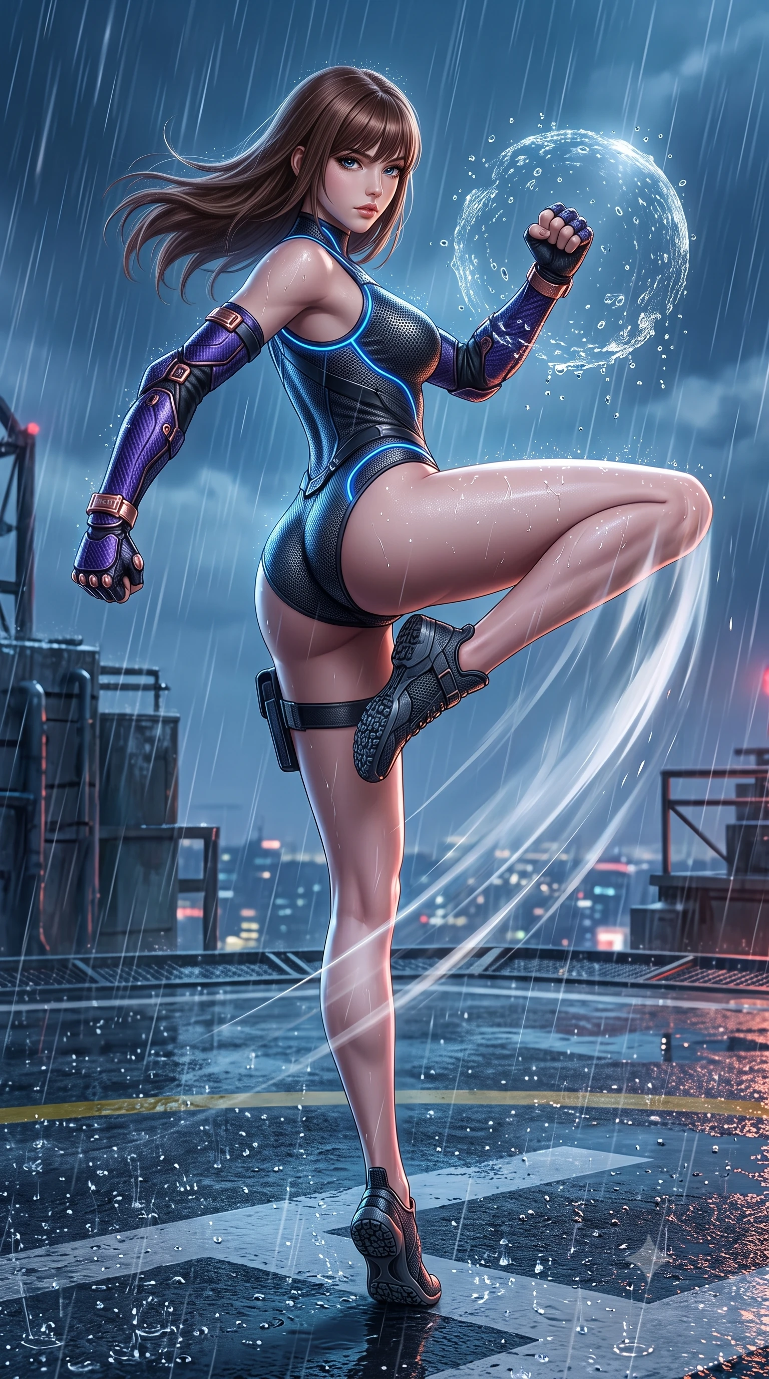 score_9, masterpiece, best quality, ultra-detailed, high-budget anime keyframe, semi-realistic 3D game render, editorial fashion photography, tasteful artistic composition, Korean woman. low angle full-body shot from head to toe showing her feet, filling the entire 9:16 vertical frame with her statuesque presence, stretching her vertical silhouette. pivoting dynamically in a high-speed low sweep kick along the reflective floor, her athletic torso and ultra-slim waist twisting in a fluid arc of power while pivoting dynamically in mid-motion on the wet helipad as displaced rain droplets form a frozen sphere around her fist. The surrounding environment is rendered in vivid detail and crisp panoramic clarity. sharp raindrop beads on polished carbon plates, razor-sharp air-distortion wave edges, and wet helipad in deep focus. She has an absolutely perfect, statuesque 8.5-heads proportion, an exceptionally tall and slender model-like female figure with impossibly long slender legs, a toned flat midriff, and an ultra-slim waist. sharp v-shaped jawline, high-bridge nose, intricate jewel-like eyes with depth, thick eyelashes, glossy lips with a natural sheen, flawlessly proportioned anatomical accuracy, strict slender model proportions, natural body alignment, perfectly sculpted long slender limbs, ultra-slim waistline, clean dynamic posture without body distortion. wearing an aerodynamic dark titanium carbon-mesh jumper with glowing blue fiber lines and reinforced Damascus-pattern arm guards in royal purple carbon fiber with rose-gold hardware and clasps, crafted from ultra-strong woven carbon-fiber composite with a satin luster, accented with glowing fiber-optic conduits tracing her collarbones and hip curves, the sleek second-skin cut tightly hugging her graceful clavicle, narrow waist, and feminine curves with athletic precision. surrounded by an electrifying, fierce, and passionately powerful martial valkyrie atmosphere. rich saturated anime colors with glowing neon highlights, detailed shading with soft gradients, rich glossy textures, high-contrast stereoscopic depth, volumetric dynamic lighting, master piece, 9:16 ratio