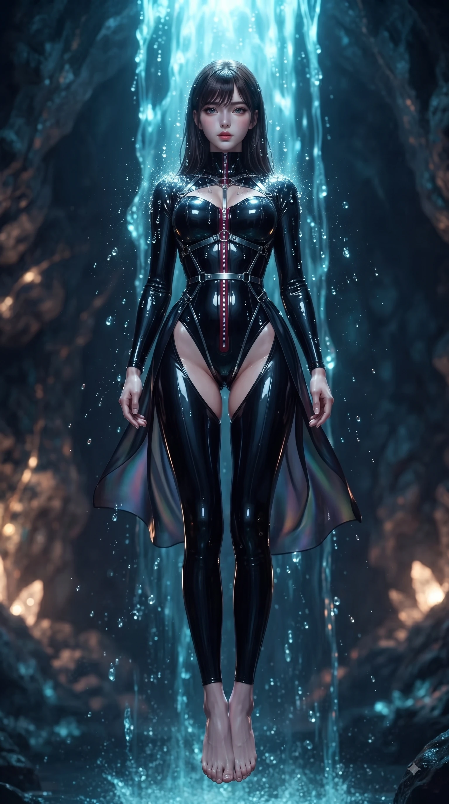 score_9, masterpiece, best quality, ultra-detailed, high-budget anime keyframe, editorial fashion photography, tasteful artistic composition, Korean woman. low angle full-body shot from head to toe showing her feet, filling the entire 9:16 vertical frame with her statuesque presence, stretching her vertical silhouette. performing an alluring mid-air vault with flawless poise, looking directly into the camera with smoldering intensity while standing beneath a subterranean waterfall of liquid cyan light as droplets sparkle across her shoulders. The composition keeps background elements in soft focus with creamy bokeh. glowing mineral veins scattering soft ambient light across a dark cavern backdrop. She has an absolutely perfect, statuesque 8.5-heads proportion, an exceptionally tall and slender model-like female figure with impossibly long slender legs and an ultra-slim waist. sharp v-shaped jawline, high-bridge nose, intricate jewel-like eyes with depth, thick eyelashes, glossy lips with a natural sheen, flawlessly proportioned anatomical accuracy, natural body alignment, perfectly sculpted elegant limbs, clean dynamic posture without body distortion. wearing a glossy black second-skin latex bodysuit with high-thigh cuts, exposed clavicle neckline, and gleaming zipper details in deep ruby red and polished chrome accents, made of smooth iridescent silk chiffon that shifts colors with movement, reinforced by a sleek metallic chrome harness and delicate glowing micro-straps, the daring cutouts accentuating her delicate midriff, graceful collarbones, and feminine contour. illuminated by crisp white specular highlights and deep indigo ambient shadow. ultra-reflective glossy finish, specular highlights, metallic sheen, high-contrast stereoscopic depth, volumetric dynamic lighting, 2k, ultra detail, master piece, 9:16 ratio
