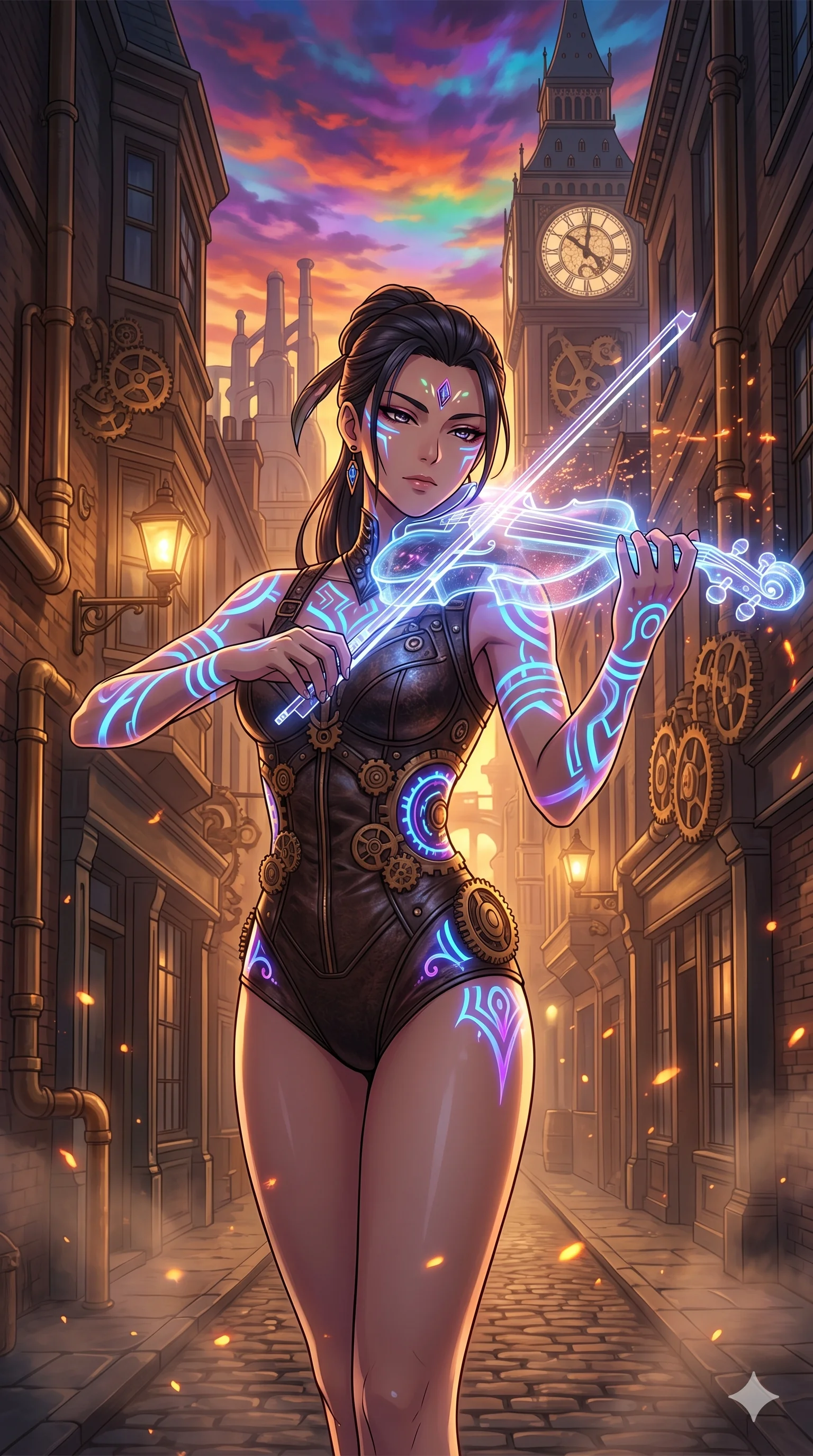 score_9, masterpiece, best quality, ultra-detailed, Set A: High-budget Anime Keyframe, Japanese woman. Upper body close-up from the thighs up, character filling the screen for maximum presence. Theme: Urban Decay. playing a holographic violin in a steampunk London alleyway, with a look of serene power as the sky splits into 168 colors. The atmosphere is filled with golden hour with floating embers. She has an absolutely perfect 8-heads proportion, an exceptionally tall and slender female figure with impossibly long slender legs and an ultra-slim waist. Sharp v-shaped jawline, high-bridge nose, intricate jewel-like eyes with depth, glossy lips. Wearing Neon-lit tribal gear with glowing war-paint patterns on a leather leotard. Cinematic lighting, vivid colors, dramatic shadows, 2k, ultra detail, master piece, 9:16 ratio