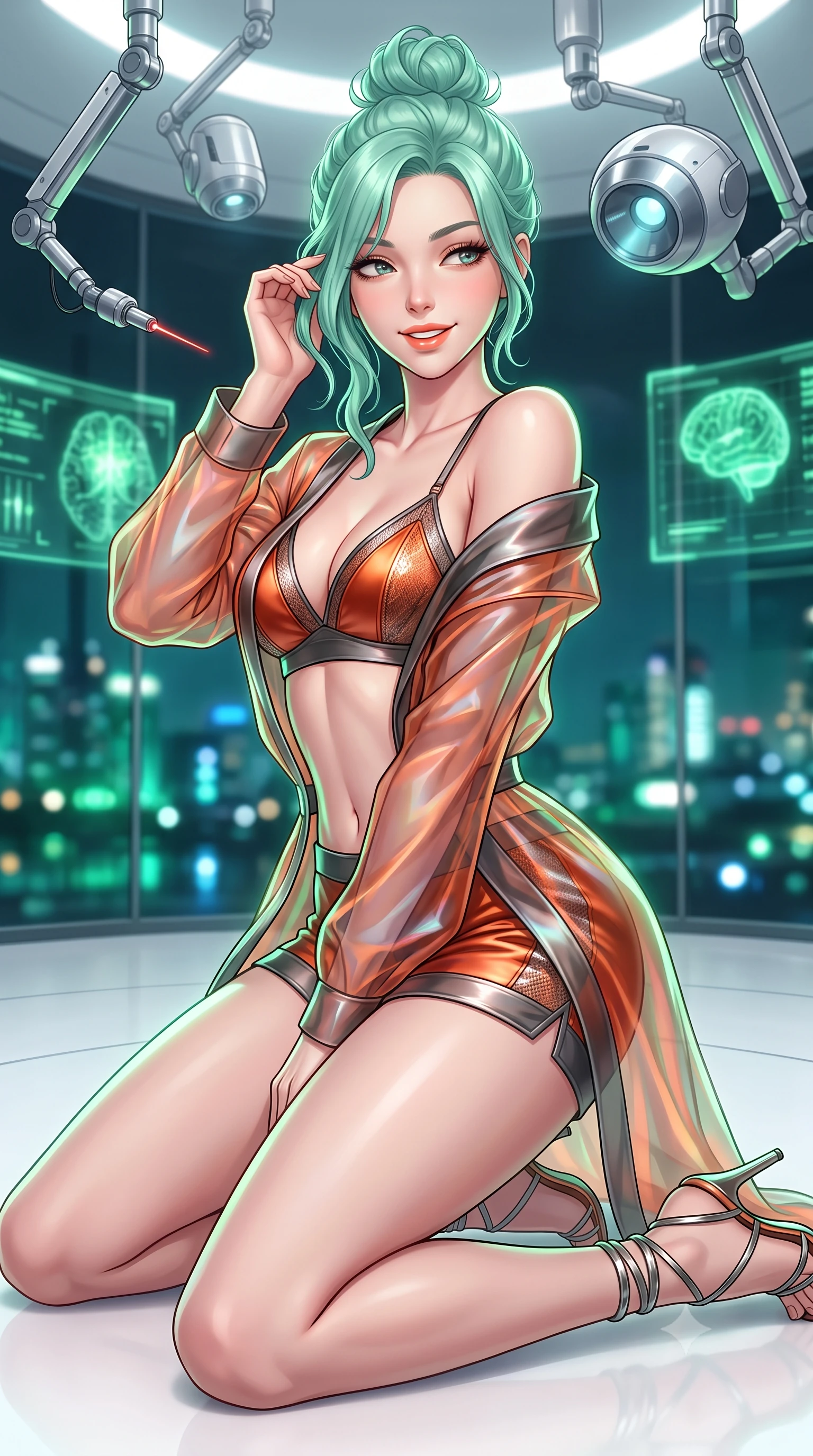 score_9, masterpiece, best quality, ultra-detailed, high-budget anime keyframe, semi-realistic 3D game render, editorial fashion photography, tasteful artistic composition, Japanese woman. close-up cowboy shot from the waist and thighs up, the character dominates the composition, filling the frame with her large presence. gently brushing a lock of hair behind her ear while casting a playful, flirtatious side-gaze with long eyelashes while standing poised on the seamless white resin floor of the high-end cyber-clinic, arching her lower back with sovereign diva presence as articulated surgical laser arms hover overhead. The background shows a soft-focus glowing green neurological holographic displays, articulated chrome surgical laser pods, and panoramic city lights through glass blurred into emerald, platinum, and cobalt bokeh. She has an exceptionally elegant, slender, and willowy female figure with an ultra-slim waist, flat toned midriff, narrow ribcage, and sculpted feminine hips creating an alluring, slim hourglass silhouette without bulk. sharp v-shaped jawline, high-bridge nose, intricate jewel-like sparkling eyes with depth, thick eyelashes, glossy parted lips with a natural peach sheen, bright cheerful beaming smile with an enchanting and coquettish sensual glint, exuding both youthful cute charm and seductive allure, flawlessly proportioned anatomical accuracy, strict slender model proportions, natural body alignment, perfectly sculpted long slender limbs, ultra-slim waistline, clean dynamic posture without body distortion. wearing a translucent iridescent organza tactical robe slipping off bare shoulders over a matching satin micro-bralette and combat shorts in volcanic ember orange and brushed gunmetal, crafted from translucent silk organza with an ethereal crystalline sheen, complemented by strappy stiletto sandals with metallic ankle wraps accentuating her slender calves, the bespoke structured tailoring following the natural line of her 8.5-heads silhouette with refined elegance. illuminated by white floor reflection bounce and sharp platinum-green rim lights defining her jawline, narrow waist, and curvy hips. highly saturated vibrant anime colors, detailed shading with soft gradients, rich glossy textures, high-contrast stereoscopic depth, volumetric dynamic lighting, master piece, 9:16 ratio