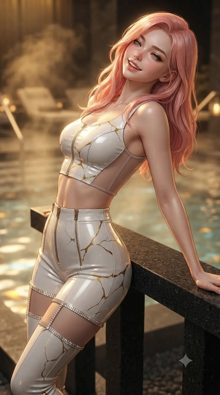 score_9, masterpiece, best quality, ultra-detailed, high-budget anime keyframe, editorial fashion photography, tasteful artistic composition, Japanese woman. close-up cowboy shot from the waist and thighs up, the character dominates the composition, filling the frame with her large presence. leaning back against the balustrade with relaxed seductive grace, head tilted back slightly while casting a hypnotic, heavy-lidded gaze while standing poised on the heated black basalt terrace above the sunken kintsugi pool, arching her back with high-fashion supermodel confidence as warm golden mineral steam rises. The background shows a soft-focus thermal mineral steam softened in ultra-luxury private kintsugi spa shallow focus. She has an exceptionally elegant, slender, and willowy female figure with an ultra-slim waist, flat toned midriff, narrow ribcage, and sculpted feminine hips creating an alluring, slim hourglass silhouette without bulk. sharp v-shaped jawline, high-bridge nose, intricate jewel-like sparkling eyes with depth, thick eyelashes, glossy parted lips with a natural peach sheen, bright cheerful beaming smile with an enchanting and coquettish sensual glint, exuding both youthful cute charm and seductive allure, flawlessly proportioned anatomical accuracy, strict slender model proportions, natural body alignment, perfectly sculpted long slender limbs, ultra-slim waistline, clean dynamic posture without body distortion. wearing a glossy vinyl crop top and high-waist tailored leggings with sleek chrome zippers and exposed midriff in Kintsugi celestial white porcelain and liquid gold, featuring strategic sheer-illusion tulle side panels framing her ribcage and hips, finished with delicate crystal-encrusted thigh garter straps glinting in the dim light, the impeccably tailored cut draping gracefully along her slender figure with aristocratic poise. bathed in warm 2200K golden candlelight mixed with underwater liquid gold thermal LEDs. ultra-reflective glossy finish, specular highlights, rich textural contrasts, high-contrast stereoscopic depth, volumetric dynamic lighting, 2k, ultra detail, master piece, 9:16 ratio