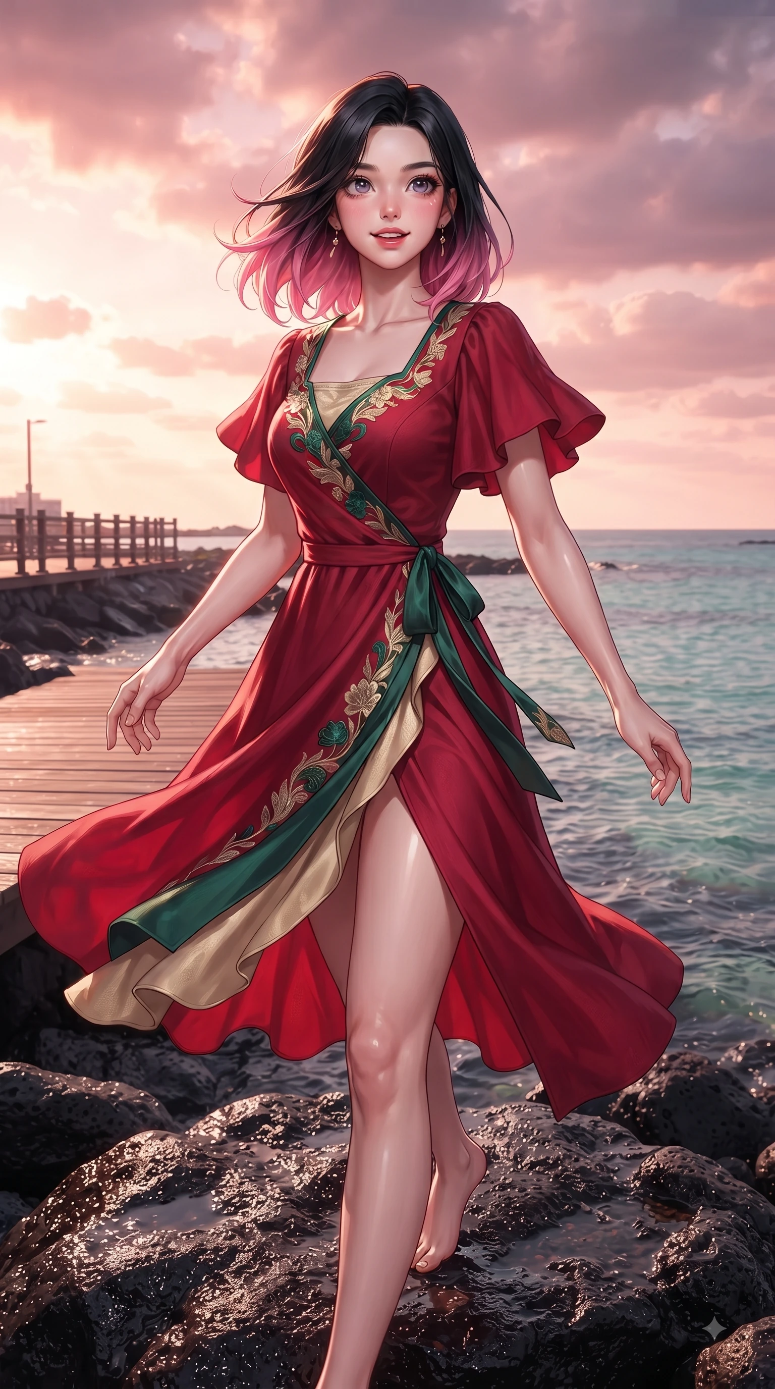 score_9, masterpiece, best quality, ultra-detailed, high-budget anime keyframe, editorial fashion photography, tasteful artistic composition, Korean woman. close-up cowboy shot from the waist and thighs up, the character dominates the composition, filling the frame with her large presence. Expectant hopeful expression with wide sparkling eyes and a soft eager smile as if waiting for a loved one while pivoting in mid-motion on dark volcanic rocks with a windswept, magnetic stance. The surrounding environment is rendered in vivid detail and crisp panoramic clarity. glistening basalt sea rocks, coastal boardwalk planks, and crystal ocean waters rendered in deep focus. She has an exceptionally elegant, slender, and willowy female figure with an ultra-slim waist, a gracefully sculpted slender torso, and a refined silhouette. sharp v-shaped jawline, high-bridge nose, intricate jewel-like eyes with depth, thick eyelashes, glossy lips with a natural sheen, flawlessly proportioned anatomical accuracy, natural body alignment, perfectly sculpted elegant limbs, clean dynamic posture without body distortion. wearing a sleek ruby red wrap midi dress featuring a tasteful side leg slit in deep emerald green and champagne gold, crafted from soft breathable Italian linen, featuring elegant flutter sleeves and a graceful square neckline, the fluid drape swaying gracefully with her dynamic editorial movement. illuminated by a dramatic rose-gold sky glow with vivid rim highlights. ultra-reflective glossy finish, specular highlights, metallic sheen, high-contrast stereoscopic depth, volumetric dynamic lighting, 2k, ultra detail, master piece, 9:16 ratio
