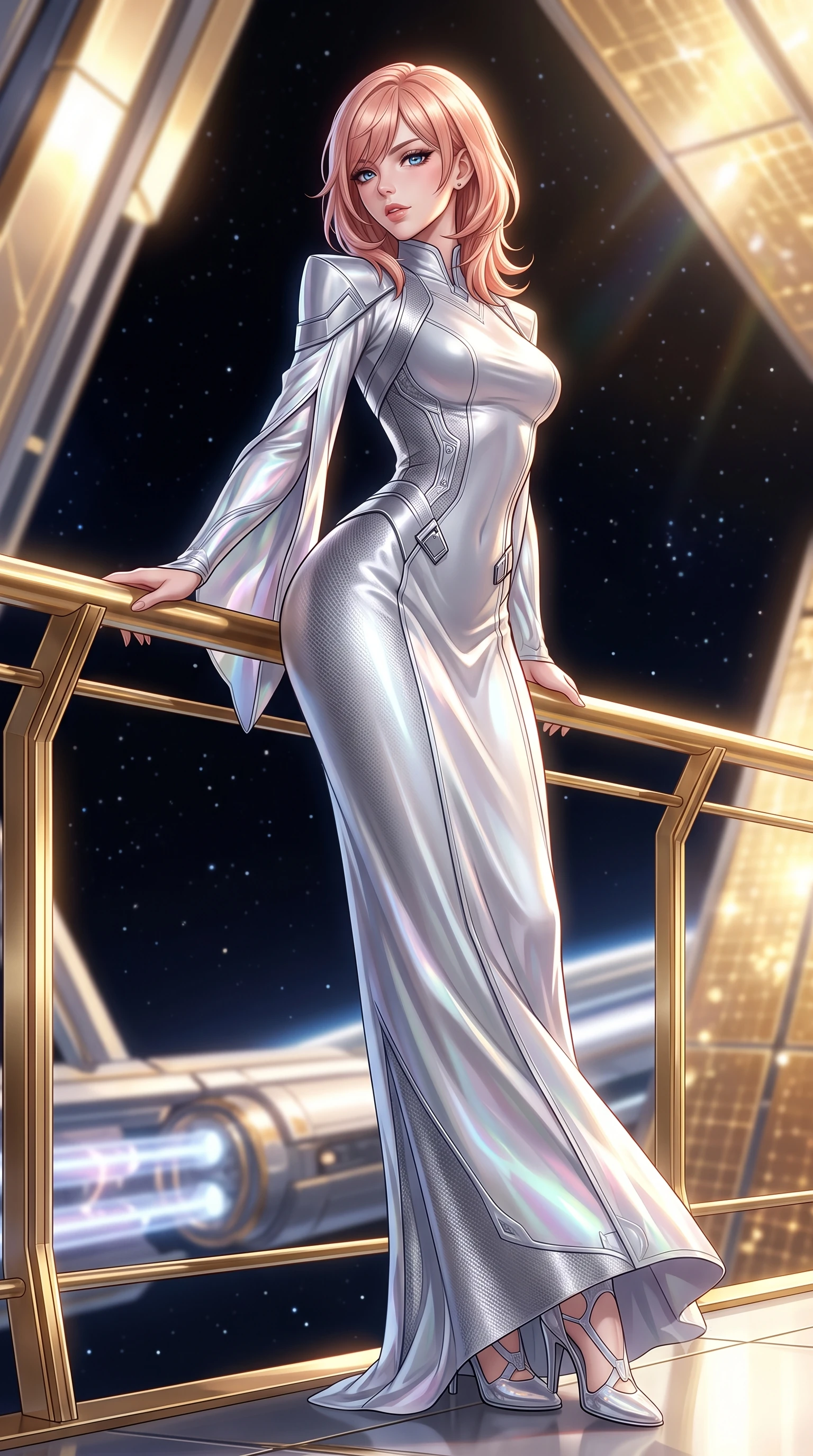 score_9, masterpiece, best quality, ultra-detailed, high-budget anime keyframe, semi-realistic 3D game render, editorial fashion photography, tasteful artistic composition, Japanese woman. low angle full-body shot from head to toe showing her feet, filling the entire 9:16 vertical frame with her statuesque presence, stretching her vertical silhouette. leaning deep against the balcony balustrade with hips cocked back in an unapologetically alluring high-fashion stance, casting an intoxicating glance while leaning against the gold-plated radiation shield with hips cocked back, looking through laser-pumped plasma conduits into the pitch-black void with smoldering bedroom-eyes. The background shows a soft-focus vacuum solar radiation shimmer softened in orbital mirror station shallow focus. She has an exceptionally tall and slender model-like 8.5-heads proportion, an ultra-slim waist, a flat toned midriff, narrow delicate ribcage, and beautifully sculpted feminine hips creating a graceful, slim hourglass silhouette without any bulky heaviness, with impossibly long slender legs. sharp v-shaped jawline, high-bridge nose, intricate jewel-like sparkling eyes with depth, thick eyelashes, glossy parted lips with a natural peach sheen, bright cheerful beaming smile with an enchanting and coquettish sensual glint, exuding both youthful cute charm and seductive allure, flawlessly proportioned anatomical accuracy, strict slender model proportions, natural body alignment, perfectly sculpted long slender limbs, ultra-slim waistline, clean dynamic posture without body distortion. wearing an elegant high-neck diplomatic sci-fi gown made of bioluminescent silver silk with structured geometric shoulder plates and long flowing sleeves in iridescent mother-of-pearl and liquid molten silver, woven from structured carbon-fiber jacquard with rich textural depth, finished with sleek magnetic buckle closures fluttering in the breeze, the bespoke structured tailoring following the natural line of her 8.5-heads silhouette with refined elegance. illuminated by gold mirror reflection bounce and sharp solar-gold rim lights sculpting her jawline, narrow waist, and curvy hips. highly saturated vibrant anime colors, detailed shading with soft gradients, rich glossy textures, high-contrast stereoscopic depth, volumetric dynamic lighting, master piece, 9:16 ratio