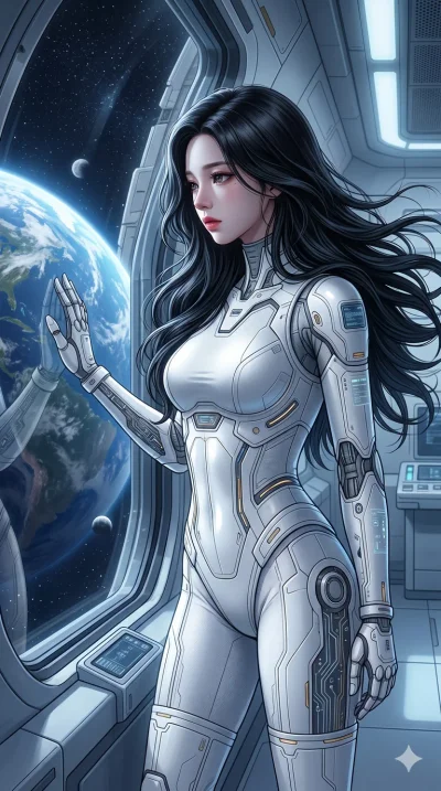 score_9, score_8_up, score_7_up, source_anime, masterpiece, best quality, ultra-detailed, same character with long flowing black hair, wearing a white futuristic android body suit, upper body close-up from thigh up filling the screen, looking longing