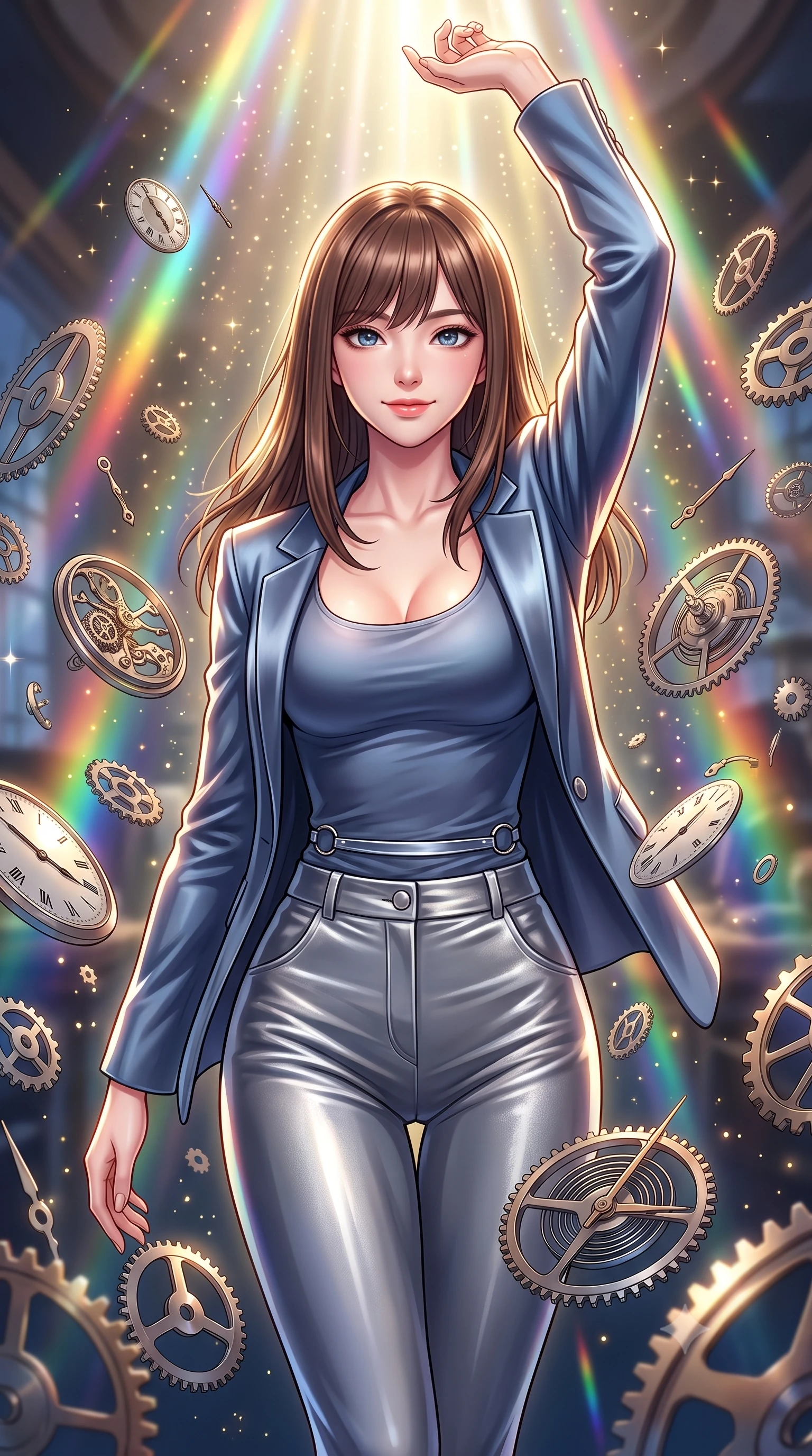 score_9, masterpiece, best quality, ultra-detailed, high-budget anime keyframe, editorial fashion photography, tasteful artistic composition, Korean woman. close-up cowboy shot from the waist and thighs up, the character dominates the composition, filling the frame with her large presence, background elements kept in soft focus. Extending one arm in an elegant stretch toward the light while smiling with magnetic self-assurance while forging forward through a blizzard of floating analog clockwork parts in mid-air, starlight particles falling like a golden shower around her dynamic silhouette. She has an exceptionally elegant, slender, and willowy female figure with an ultra-slim waist, a gracefully sculpted slender torso, and a refined silhouette. sharp v-shaped jawline, high-bridge nose, intricate jewel-like eyes with depth, thick eyelashes, glossy lips with a natural sheen, flawlessly proportioned anatomical accuracy, natural body alignment, perfectly sculpted elegant limbs, clean dynamic posture without body distortion. wearing a tailored silk blazer over a form-contouring scoop-neck top and slacks in slate blue and metallic silver, made of premium stretch velvet with a rich sheen, accented with delicate chrome ring hardware framing her waist, the tailored fabric tightly following every curve of her athletic build. illuminated by cascading rainbow prismatic rays and rich metallic rim highlights. highly saturated vibrant anime colors, detailed shading with soft gradients, rich glossy textures, high-contrast stereoscopic depth, volumetric dynamic lighting, master piece, 9:16 ratio