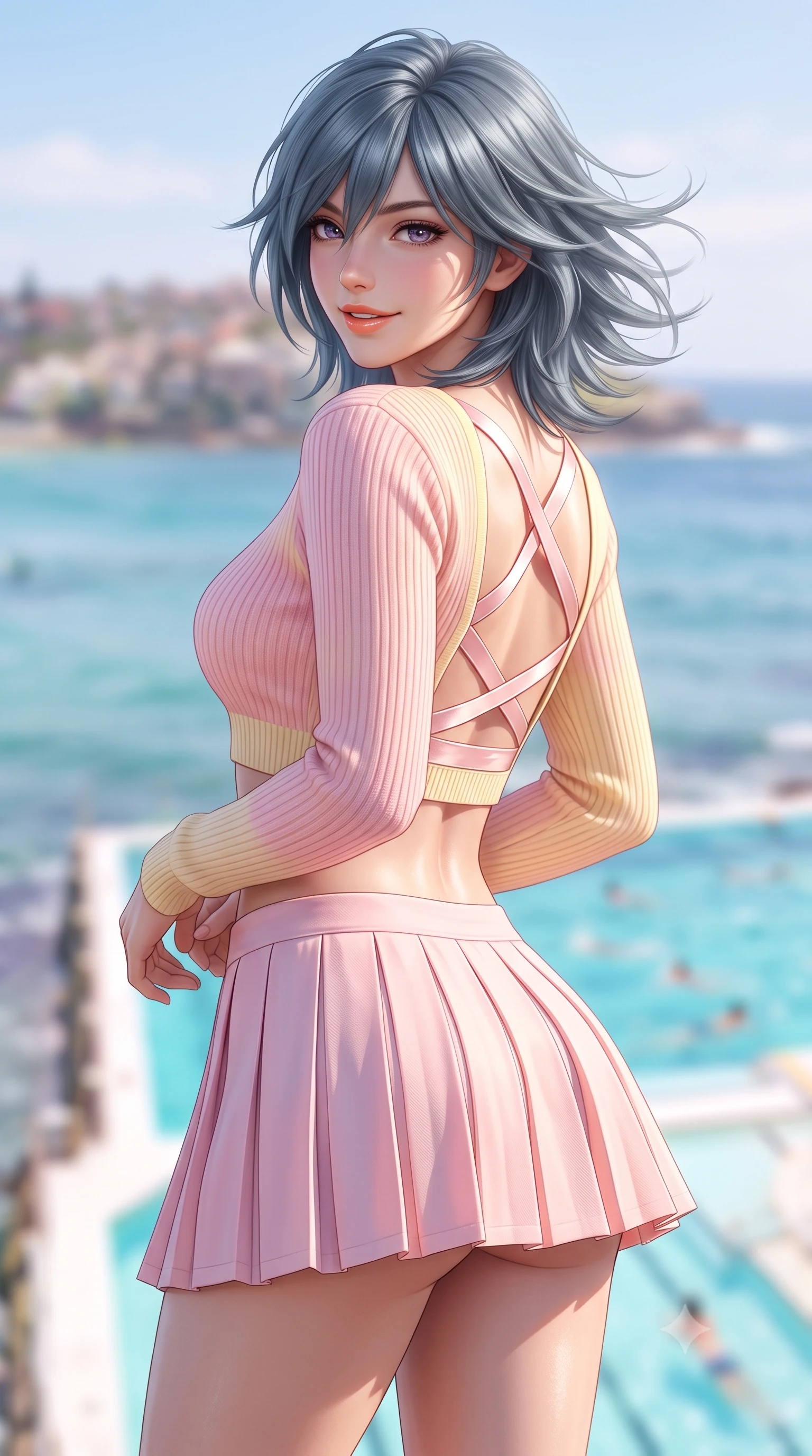 score_9, masterpiece, best quality, ultra-detailed, high-budget anime keyframe, semi-realistic 3D game render, editorial fashion photography, tasteful artistic composition, Caucasian woman. close-up cowboy shot from the waist and thighs up, the character dominates the composition, filling the frame with her large presence. posing in an alluring rear three-quarter angle, turning over a bare shoulder with an intoxicating cute smile, her hips cocked back to highlight her slim hourglass curve while turning in an alluring dancer S-curve as ocean trade winds whip her hair, gazing toward crashing white surf with parted glossy lips. The composition keeps background elements in soft focus with dreamy creamy bokeh. iconic iceberg pool swimmers and coastal headlands softened in vibrant Australian shallow focus. She has an exceptionally elegant, slender, and willowy female figure with an ultra-slim waist, flat toned midriff, narrow ribcage, and sculpted feminine hips creating an alluring, slim hourglass silhouette without bulk. sharp v-shaped jawline, high-bridge nose, intricate jewel-like sparkling eyes with depth, thick eyelashes, glossy parted lips with a natural peach sheen, bright cheerful beaming smile with an enchanting and coquettish sensual glint, exuding both youthful cute charm and seductive allure, flawlessly proportioned anatomical accuracy, strict slender model proportions, natural body alignment, perfectly sculpted long slender limbs, ultra-slim waistline, clean dynamic posture without body distortion. wearing a cropped pastel ribbed knit cardigan paired with an ultra-short high-waisted pleated tennis skirt clinging tightly to her curvy hips in sweet strawberry milk pink and butter yellow, crafted from soft breathable linen with effortless natural drape, finished with criss-cross back satin straps highlighting her graceful shoulder blades, the form-contouring cut accentuating her sculpted flat midriff, narrow delicate ribcage, and gracefully curvy hips with supermodel precision. illuminated by intense specular sea reflections sharply carving her razor-sharp jawline, narrow waist, and curvy hips. highly saturated vibrant anime colors, detailed shading with soft gradients, rich glossy textures, high-contrast stereoscopic depth, volumetric dynamic lighting, master piece, 9:16 ratio