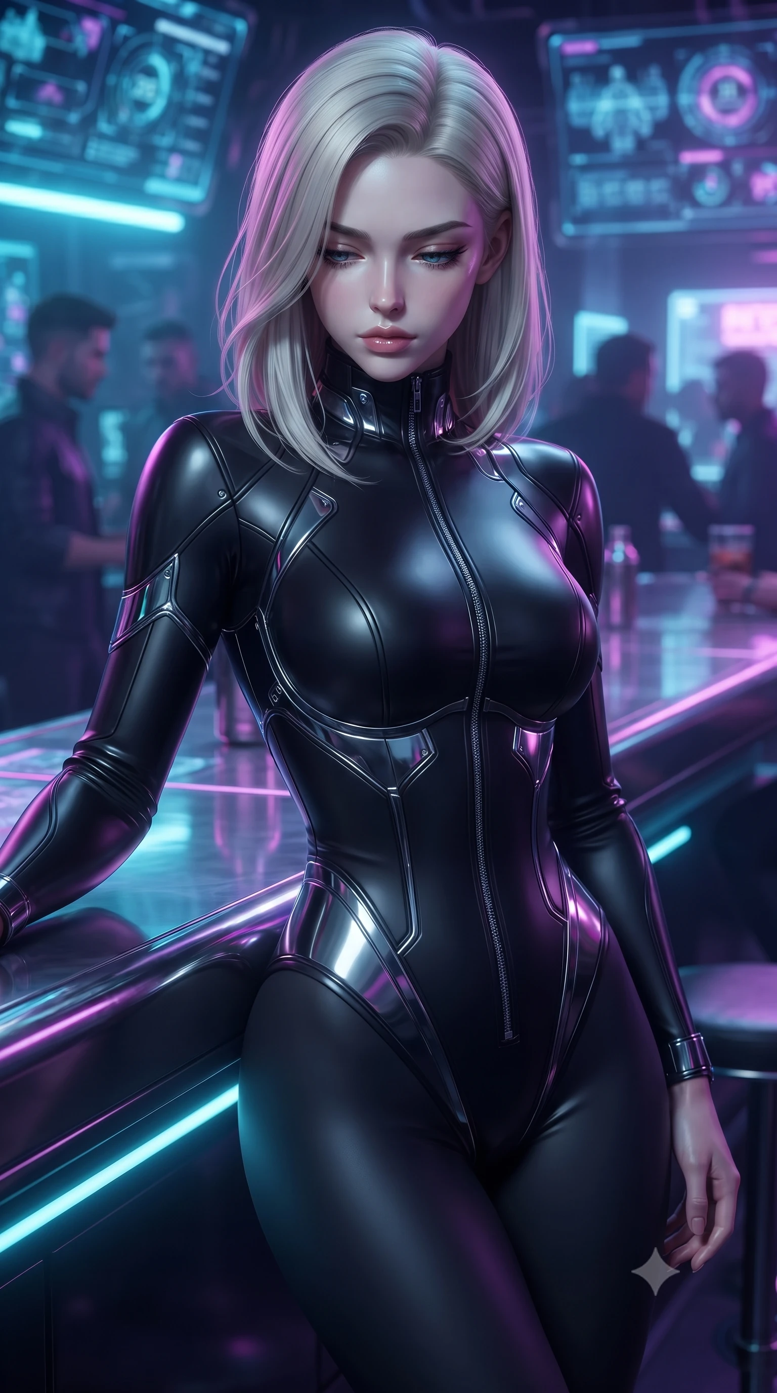 score_9, masterpiece, best quality, ultra-detailed, high-budget anime keyframe, editorial fashion photography, tasteful artistic composition, Caucasian woman. close-up cowboy shot from the waist and thighs up, the character dominates the composition, filling the frame with her large presence, background elements kept in soft focus. Looking down with lowered lashes and a composed, powerful dark aura, resting against a polished chrome bar counter reflecting neon neon reflections, chic urban cyberpunk allure with intense visual presence. She has an exceptionally elegant, slender, and willowy female figure with an ultra-slim waist, a gracefully sculpted slender torso, and a refined silhouette. sharp v-shaped jawline, high-bridge nose, intricate jewel-like eyes with depth, thick eyelashes, glossy lips with a natural sheen. wearing sleek high-neck ribbed activewear bodysuit in matte black in pitch-black onyx, made of sculpted obsidian metallic chrome, finished with metallic silver boning and sleek zipper points, sculpting her athletic slender build with refined precision. surrounded by a moody neon glow with sharp edge highlights on dark vinyl. ultra-reflective glossy finish, specular highlights, metallic sheen, high-contrast stereoscopic depth, volumetric dynamic lighting, 2k, ultra detail, master piece, 9:16 ratio