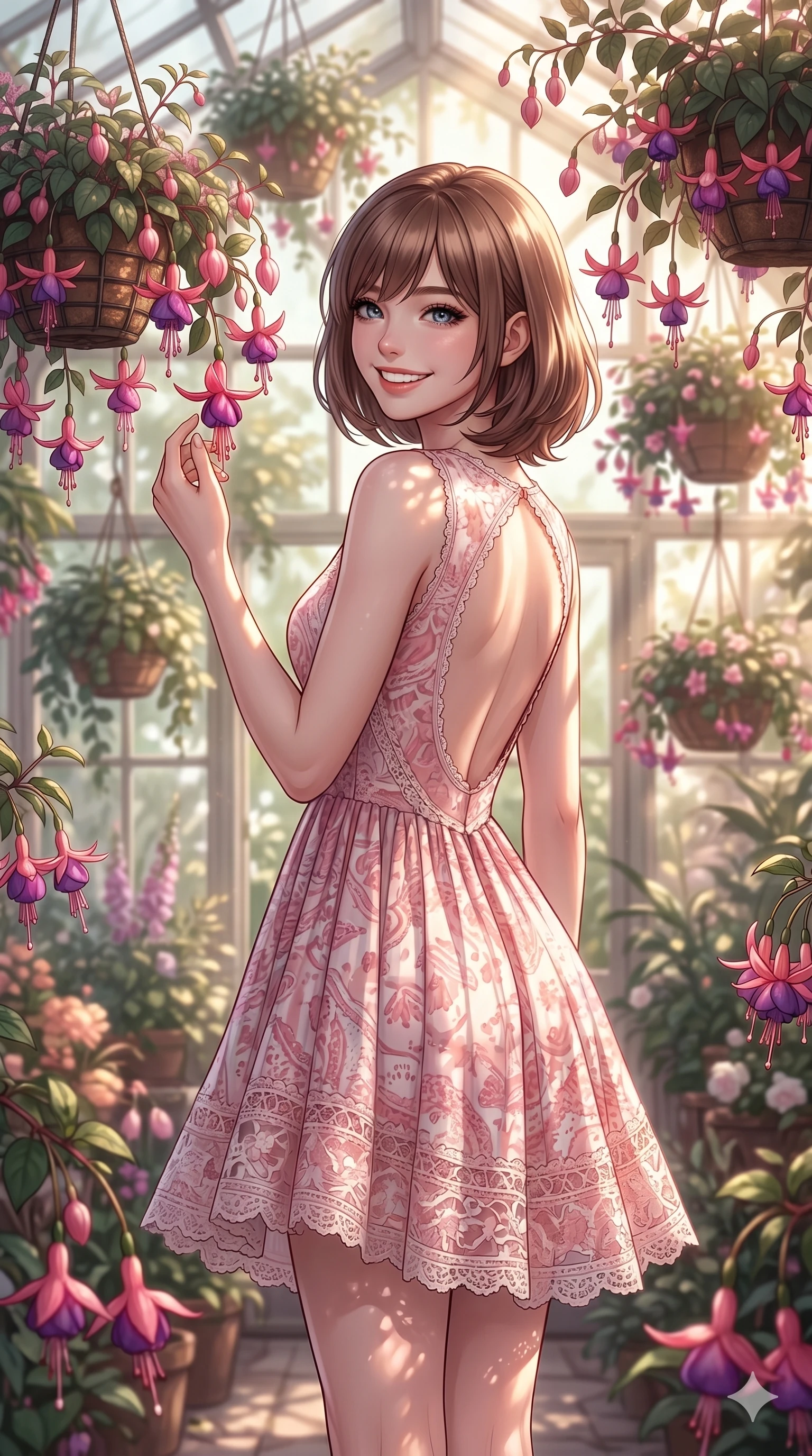 score_9, masterpiece, best quality, ultra-detailed, high-budget anime keyframe, editorial fashion photography, tasteful artistic composition, Caucasian woman, strictly human ears. cowboy shot from the thighs up, character and outfit filling the frame for maximum editorial presence. gently touching a hanging flower, looking back with a bright, happy grin inside an old conservatory filled with hanging baskets of pink fuchsias. She has an absolutely perfect 8-heads proportion, an exceptionally tall and slender female figure with impossibly long slender legs and an ultra-slim waist. V-shaped jawline, high-bridge nose, intricate jewel-like eyes with depth, thick eyelashes, glossy lips with a natural sheen. wearing a pink and white summer dress with a scooped open back and delicate lace details. bathed in soft, warm sunbeams filtering through the foliage, creating a dreamy atmosphere. 2k, ultra detail, master piece, 9:16 ratio