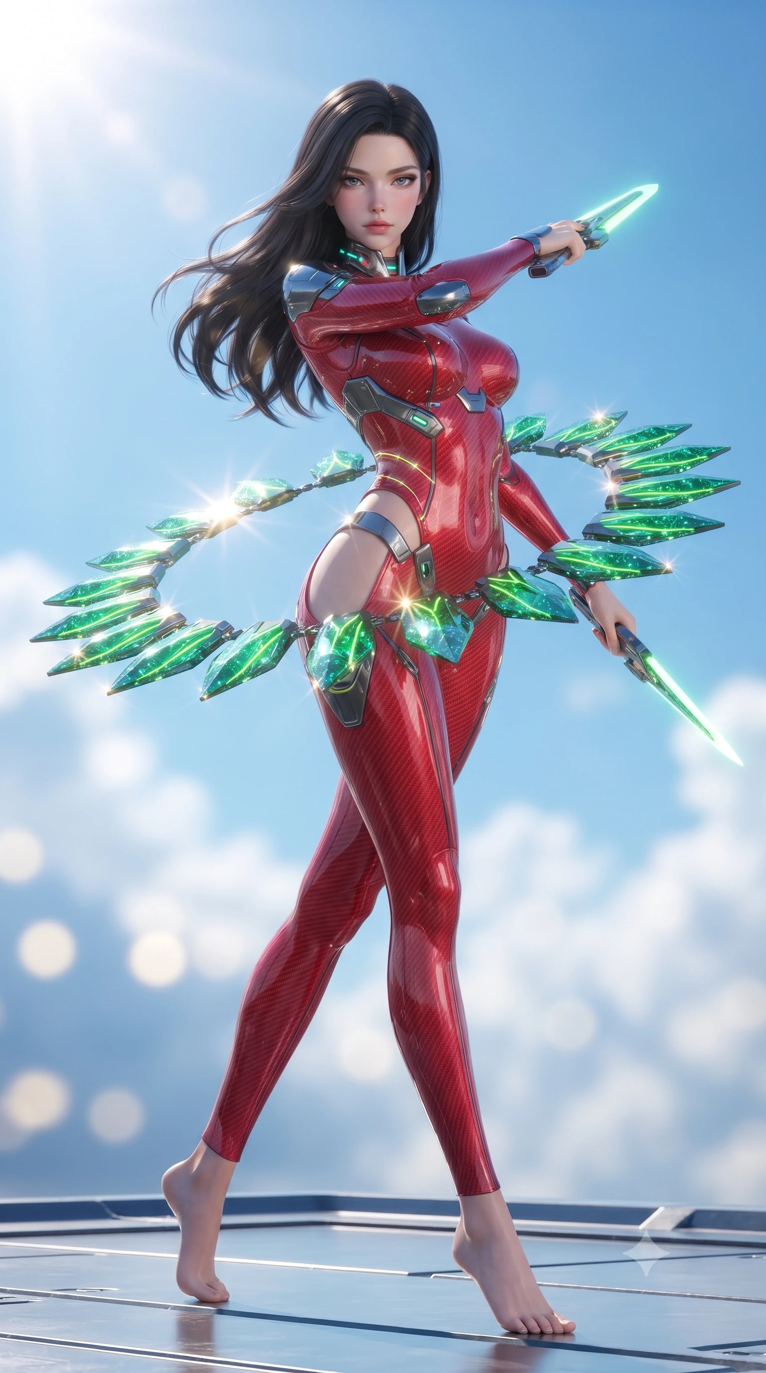 score_9, masterpiece, best quality, ultra-detailed, high-budget anime keyframe, editorial fashion photography, tasteful artistic composition, Korean woman. low angle full-body shot from head to toe showing her feet, filling the entire 9:16 vertical frame with her statuesque presence, stretching her vertical silhouette. pivoting dynamically in mid-motion with a breathtakingly alluring posture, displaying her flawless model proportions, toned flat midriff, and ultra-slim waist while pivoting dynamically as the orbiting funnel blades align into a radiant protective ring around her slender waist. The composition keeps background elements in soft focus with creamy bokeh. glistening nano-crystal blade facets scattering bright sun glints across a breathtaking sky backdrop. She has an absolutely perfect, statuesque 8.5-heads proportion, an exceptionally tall and slender model-like female figure with impossibly long slender legs, a toned flat midriff, and an ultra-slim waist. sharp v-shaped jawline, high-bridge nose, intricate jewel-like eyes with depth, thick eyelashes, glossy lips with a natural sheen, flawlessly proportioned anatomical accuracy, strict slender model proportions, natural body alignment, perfectly sculpted long slender limbs, ultra-slim waistline, clean dynamic posture without body distortion. wearing a skin-tight crimson carbon-weave combat leotard with metallic dark chrome plating and hip-accentuating cutouts, holding twin glowing high-frequency vibro-blades with effortless supermodel poise in emerald green carbon composite with glowing lime laser channels, crafted from semi-translucent cybernetic carbon-vinyl interwoven with glowing micro-filaments, featuring a sleek aerodynamic collar framed by subtle glowing cybernetic status LEDs, the liquid-tight tailored fabric emphasizing every curve of her tall, slender model proportions and sculptured silhouette during dynamic movement. bathed in dazzling high-noon sunlight and rich sky-blue ambient bounce light. ultra-reflective glossy finish, specular highlights, dark metallic sheen, high-contrast stereoscopic depth, volumetric dynamic lighting, 2k, ultra detail, master piece, 9:16 ratio