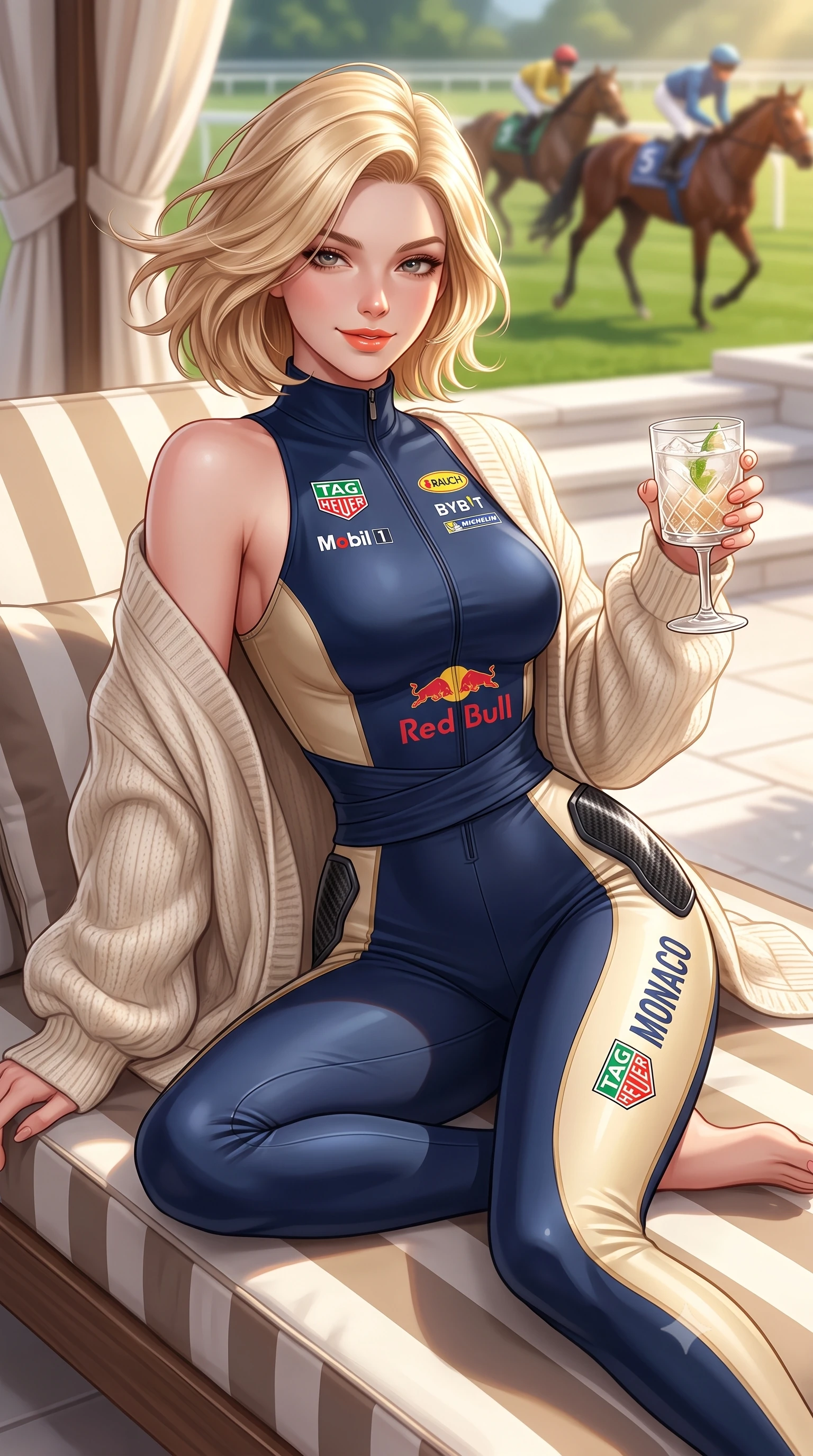 score_9, masterpiece, best quality, ultra-detailed, high-budget anime keyframe, semi-realistic 3D game render, editorial fashion photography, tasteful artistic composition, Caucasian woman. close-up cowboy shot from the waist and thighs up, the character dominates the composition, filling the frame with her large presence. turning slowly with a smoldering smile, her glossy hair tossing in the breeze as her hips angle gracefully in a captivating contrapposto while lounging in a poolside striped cabana daybed with one knee bent, holding an iced cocktail with effortless Palm Beach old-money coolness. The background shows a soft-focus thoroughbred horses trotting along green exercise tracks softened in aristocratic equestrian shallow focus. She has an exceptionally elegant, slender, and willowy female figure with an ultra-slim waist, flat toned midriff, narrow ribcage, and sculpted feminine hips creating an alluring, slim hourglass silhouette without bulk. sharp v-shaped jawline, high-bridge nose, sparkling eyes with athletic focus and depth, thick curled eyelashes, glossy parted lips with a natural coral-peach sheen, bright confident and coquettish smile with alluring bedroom-eyes, exuding both youthful sporty vigor and sovereign high-society glamour, flawlessly proportioned anatomical accuracy, strict slender model proportions, natural body alignment, perfectly sculpted long slender limbs, ultra-slim waistline, clean dynamic posture without body distortion. wearing a second-skin compression stretch racing catsuit with racing team sponsor graphics and sculpted carbon hip guards in Monaco navy blue and cream champagne gold, made of smooth liquid-tight stretch jersey emphasizing every curve of her body, complemented by an oversized cashmere knit cardigan slipping off one bare shoulder, the high-waisted wrap tailoring accentuating her ultra-slim waistline and the enchanting curve of her feminine hips with alluring sporty charm. bathed in luminous Florida sunshine reflecting off white coral stone terraces. highly saturated vibrant anime colors, detailed shading with soft gradients, rich glossy textures, high-contrast stereoscopic depth, volumetric dynamic lighting, master piece, 9:16 ratio
