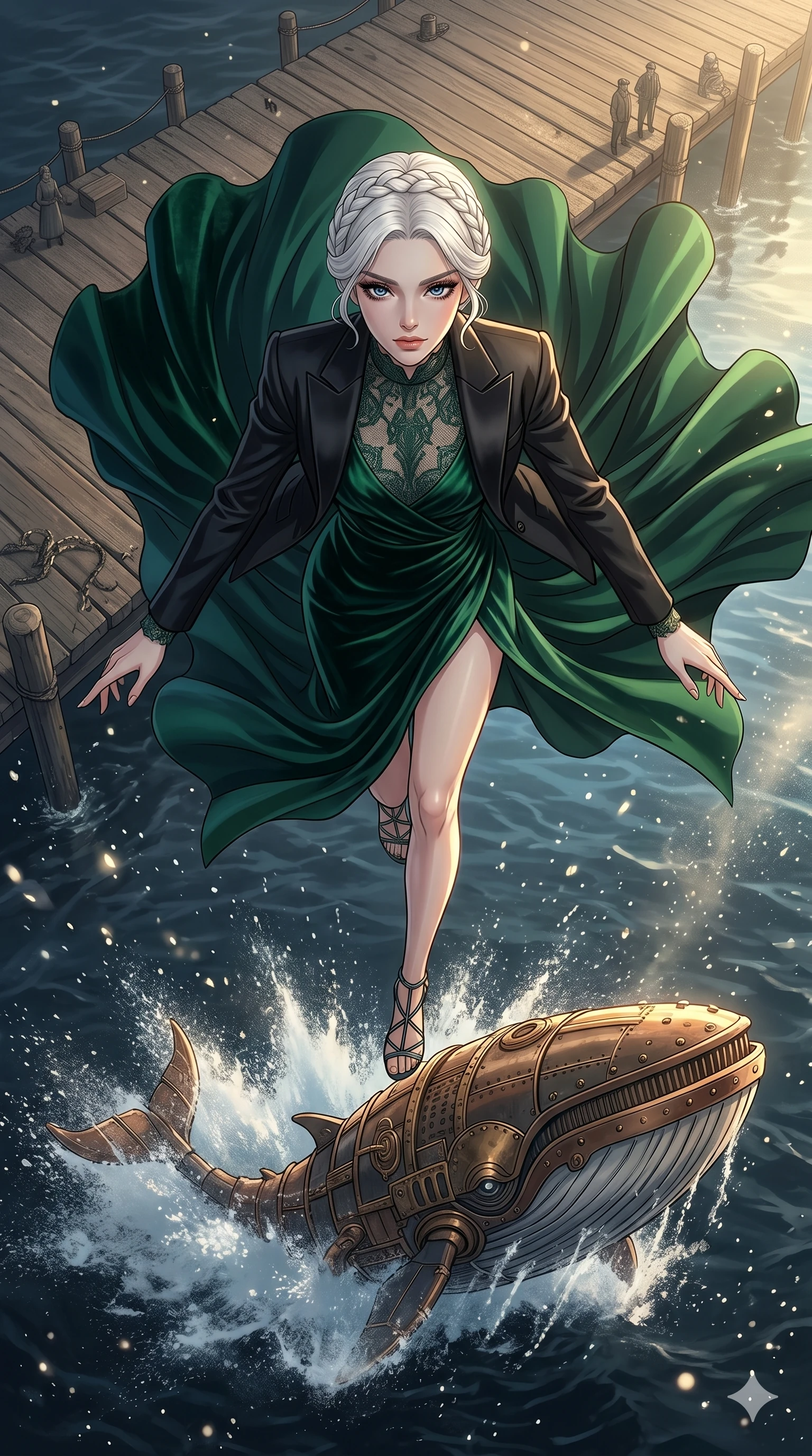score_9, masterpiece, best quality, ultra-detailed, high-budget anime movie keyframe, cinematic anime lighting, intricate line art, Caucasian (strictly human ears) woman. Extreme high angle shot as she leaps towards the camera, filling the frame. gliding across a pier as a mechanical whale breaches the water. She has an absolutely perfect 8-heads proportion, an exceptionally tall and slender female figure with graceful and slender proportions. strictly human anatomy, two legs only, no extra limbs, clearly defined legs and arms, perfect anatomy, perfect hands and fingers. sharp v-shaped jawline, high-bridge nose, intricate jewel-like eyes, thick eyelashes, glossy lips. Wearing High-Fashion Editorial: Silk slip dress with elegant side slit, backless velvet gown, and structured blazer over a coordinated top. The scene is illuminated by dramatic atmospheric lighting and vibrant color palettes. , 2k, ultra detail, master piece, 9:16 ratio