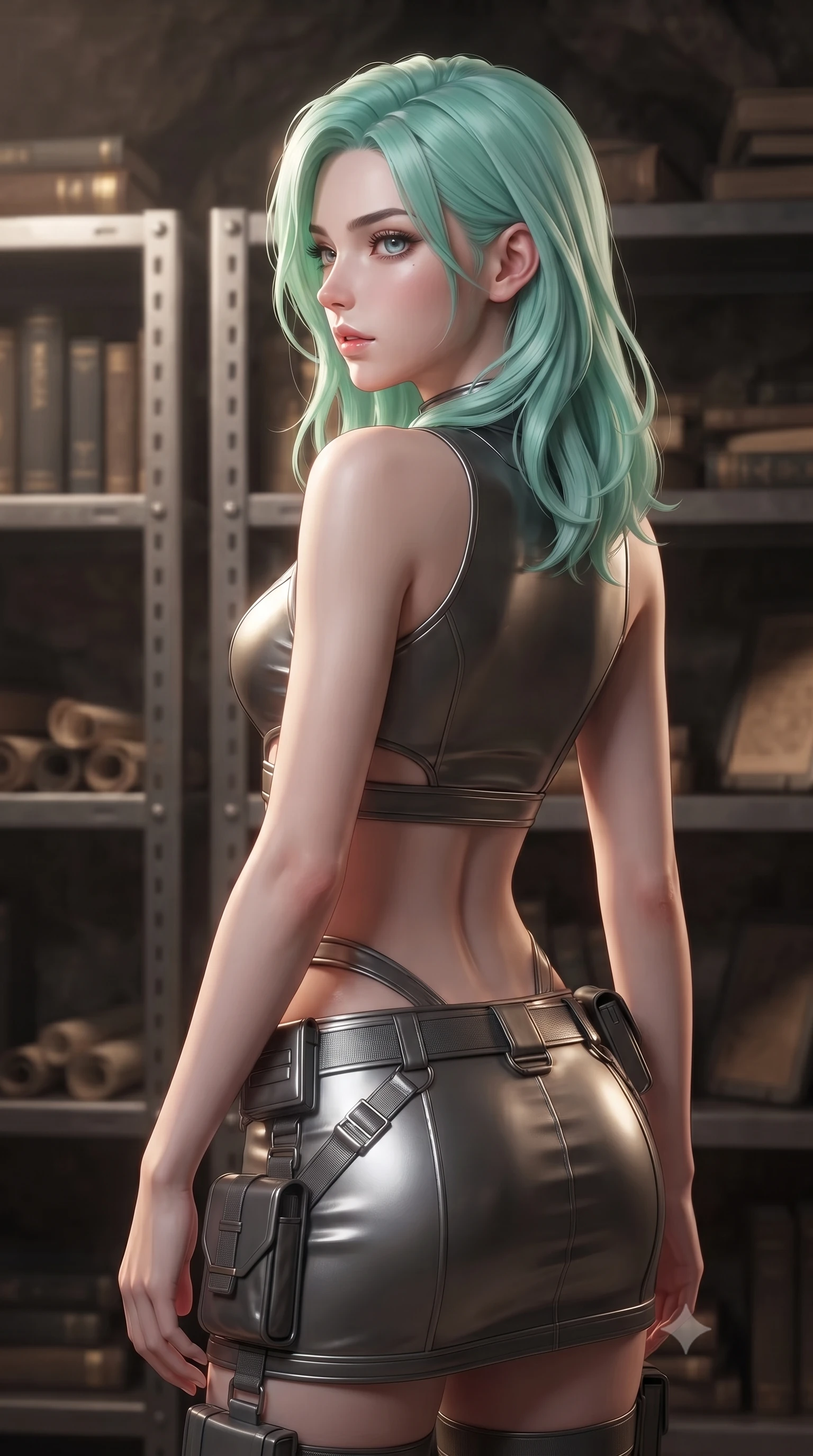 score_9, masterpiece, best quality, ultra-detailed, high-budget anime keyframe, editorial fashion photography, tasteful artistic composition, Japanese woman. close-up cowboy shot from the waist and thighs up, the character dominates the composition, filling the frame with her large presence, background elements kept in soft focus. turning her face in profile to look over her shoulder, casting a smoldering side gaze with lips slightly parted, the background shows a soft-focus a cave library with metal shelves, manuals, and tablets. She has an exceptionally elegant, slender, and willowy female figure with an ultra-slim waist, a gracefully sculpted slender torso, and a refined silhouette. sharp v-shaped jawline, high-bridge nose, intricate jewel-like eyes with depth, thick eyelashes, glossy lips with a natural sheen. wearing a body-hugging modern carbon-alloy crop top paired with a low-rise tactical skirt and a subtle waist cut-out. soft warm reading lights creating a quiet, focused, and meditative mood. ultra-reflective glossy finish, specular highlights, metallic sheen, high-contrast stereoscopic depth, volumetric dynamic lighting, 2k, ultra detail, master piece, 9:16 ratio