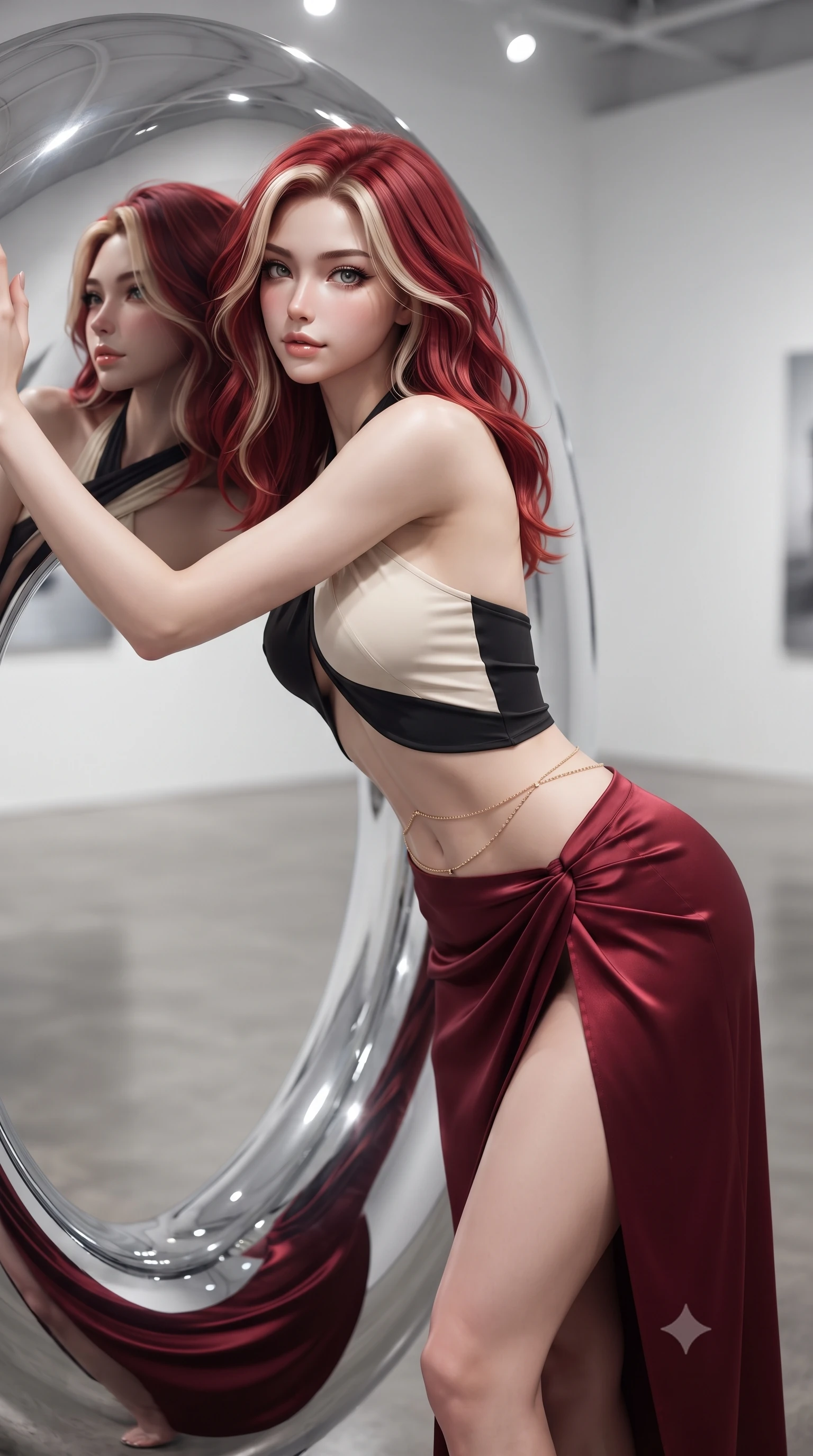 score_9, masterpiece, best quality, ultra-detailed, high-budget anime keyframe, editorial fashion photography, tasteful artistic composition, Caucasian woman. close-up cowboy shot from the waist and thighs up, the character dominates the composition, filling the frame with her large presence. leaning forward while arching her lower back to accentuate her curvy hips, looking into the camera with an intoxicating smoldering gaze and bedroom-eyes while leaning against the mirror-polished chrome torus sculpture while arching her lower back to accentuate her curvy hips, gazing at her reflection. The background shows a soft-focus the colossal mirrored chrome ring sculpture, white gallery walls, and polished concrete floor blurred into liquid mercury, platinum, and charcoal bokeh. She has an exceptionally elegant, slender, and willowy female figure with an ultra-slim waist, flat toned midriff, narrow ribcage, and sculpted feminine hips creating an alluring, slim hourglass silhouette without bulk. sharp v-shaped jawline, high-bridge nose, sparkling eyes with hypnotic seductive depth, thick curled eyelashes, glossy parted lips with a natural dewy peach sheen, alluring bedroom-eyes with an enchanting coquettish smile, exuding magnetic siren charisma and sophisticated glamour, flawlessly proportioned anatomical accuracy, strict slender model proportions, natural body alignment, perfectly sculpted long slender limbs, ultra-slim waistline, clean dynamic posture without body distortion. wearing a high-waisted dark crimson satin wrap sarong skirt with hip-high slit paired with a plunging criss-cross halter corset in dual-tone high-contrast avant-garde monochrome, crafted from smooth liquid-tight stretch jersey emphasizing every curve of her body, accented with a dainty gold belly chain resting across her flat midriff and curving hips, the high-slit wrap tailoring accentuating her ultra-slim waistline and the enchanting curve of her feminine hips with alluring seductive charm. bathed in high-CRI 4000K museum track spotlights focused precisely on the chrome sculpture and model. ultra-reflective glossy finish, specular highlights, rich textural contrasts, high-contrast stereoscopic depth, volumetric dynamic lighting, 2k, ultra detail, master piece, 9:16 ratio