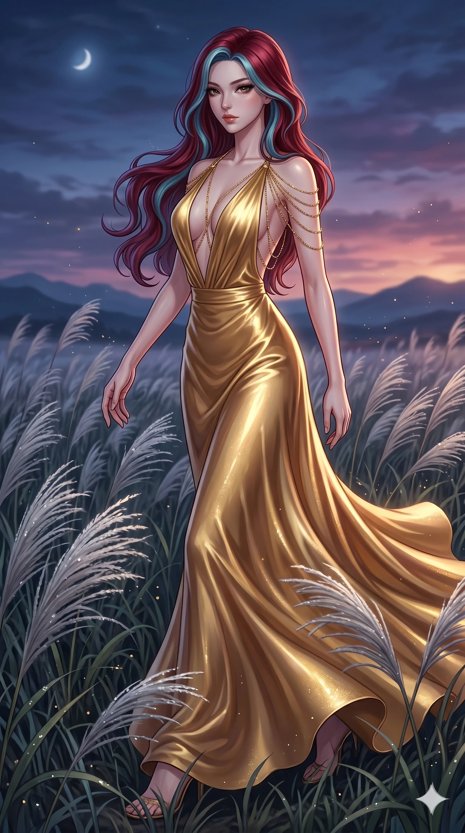 score_9, masterpiece, best quality, ultra-detailed, High-budget Anime Keyframe, East Asian woman. Dynamic full-body shot stretching the vertical silhouette to the limit. Scenario 248: Walking through a field of tall silver grass at twilight. Her presence is magnetic and overpowering in this high-budget anime scene. Outfit 248: A molten liquid silk gold with a plunging V-neckline and fine gold chains. The clothing is designed to emphasize her exceptionally tall and slender 8-heads proportion. 8-heads proportion, towering silhouette, ultra-slim waist. sharp v-shaped jawline, intricate jewel-like eyes with depth, thick eyelashes, glossy lips. 2k, ultra detail, master piece, 9:16 ratio