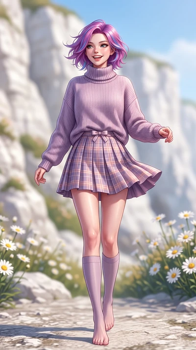 score_9, masterpiece, best quality, ultra-detailed, high-budget anime keyframe, semi-realistic 3D game render, editorial fashion photography, tasteful artistic composition, Caucasian woman. low angle full-body shot from head to toe showing her feet, 
