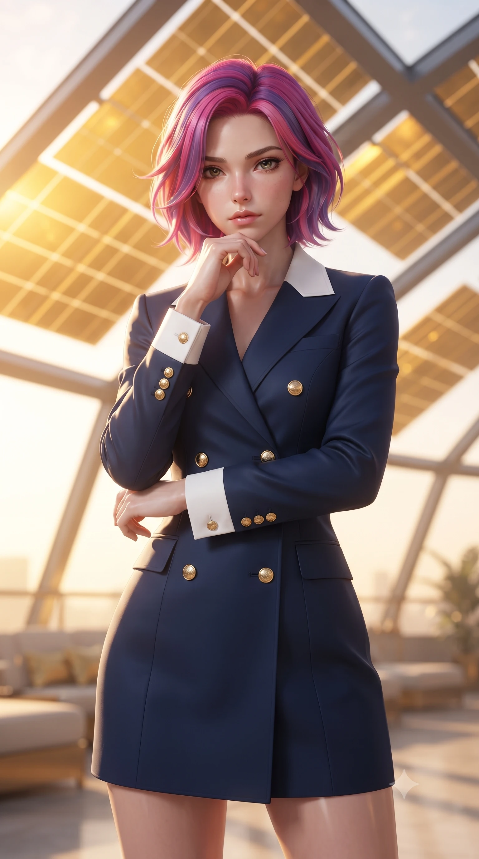 score_9, masterpiece, best quality, ultra-detailed, high-budget anime keyframe, editorial fashion photography, tasteful artistic composition, Caucasian woman woman. close-up cowboy shot from the waist and thighs up, the character dominates the composition, filling the frame with her large presence, background elements kept in soft focus. She has an exceptionally elegant, slender, and willowy female figure with an ultra-slim waist, a gracefully sculpted slender torso, and a refined silhouette. resting her chin on the back of her fingers in a thoughtful and effortless pose, flawlessly proportioned anatomical accuracy, natural body alignment, perfectly sculpted elegant limbs, clean dynamic posture without body distortion. set against a soft-focus background of an orbital solarium deck with giant gold solar panels overlooking Earth. wearing a sophisticated navy double-breasted blazer dress with gold button accents. bathed in intense golden hour solar light slicing through glass ceiling panels. ultra-reflective glossy finish, specular highlights, metallic sheen, high-contrast stereoscopic depth, volumetric dynamic lighting, 2k, ultra detail, master piece, 9:16 ratio