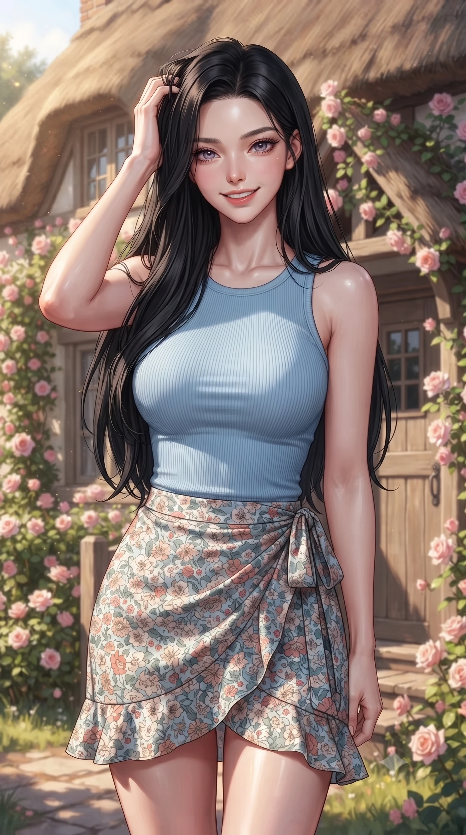 score_9, masterpiece, best quality, ultra-detailed, high-budget anime keyframe, editorial fashion photography, tasteful artistic composition, Korean woman woman. close-up cowboy shot from the waist and thighs up, the character dominates the composition, filling the frame with her large presence, background elements kept in soft focus. smiling with quiet, magnetic self-assurance directly into the camera, running a hand through her hair the background shows a soft-focus the front porch of a charming thatched-roof cottage covered in climbing pink roses. She has an exceptionally elegant, slender, and willowy female figure with an ultra-slim waist, a gracefully sculpted slender torso, and a refined silhouette. sharp v-shaped jawline, high-bridge nose, intricate jewel-like eyes with depth, thick eyelashes, glossy lips with a natural sheen. wearing a body-hugging simple ribbed cotton tank top in baby blue paired with a floral print wrap skirt. warm morning sunbeams highlighting the rustic wooden door and flowers. ultra-reflective glossy finish, specular highlights, metallic sheen, high-contrast stereoscopic depth, volumetric dynamic lighting, 2k, ultra detail, master piece, 9:16 ratio