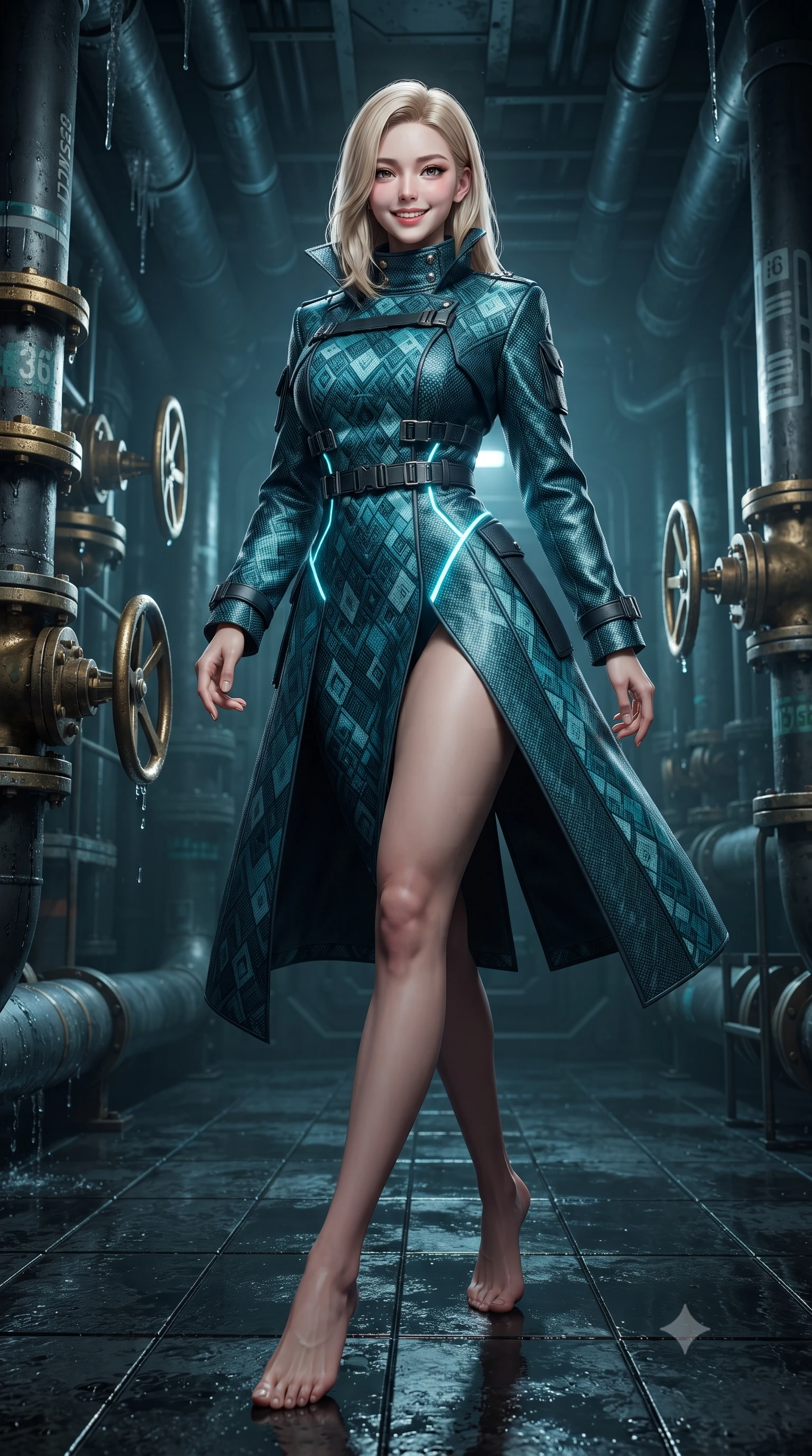 score_9, masterpiece, best quality, ultra-detailed, high-budget anime keyframe, editorial fashion photography, tasteful artistic composition, Korean woman. low angle full-body shot from head to toe showing her feet, filling the entire 9:16 vertical frame with her statuesque presence, stretching her vertical silhouette. stepping forward in a confident stride, her long slender legs and curvaceous hips creating a dynamic, sweeping vertical line while twisting her slender torso in an alluring S-curve between condensation-dripping pipes, cyan LED hazard lines tracing her flat midriff and hourglass curves. The surrounding environment is rendered in vivid detail and crisp panoramic clarity: sharp wet black basalt tile reflections, high-voltage conduit stencils, and heavy brass valve wheels in deep focus. She has an exceptionally tall and slender model-like 8.5-heads proportion, an ultra-slim waist, a flat toned midriff, narrow delicate ribcage, and beautifully sculpted feminine hips creating a graceful, slim hourglass silhouette without any bulky heaviness, with impossibly long slender legs. sharp v-shaped jawline, high-bridge nose, intricate jewel-like sparkling eyes with depth, thick eyelashes, glossy parted lips with a natural peach sheen, bright cheerful beaming smile with an enchanting and coquettish sensual glint, exuding both youthful cute charm and seductive allure, flawlessly proportioned anatomical accuracy, strict slender model proportions, natural body alignment, perfectly sculpted long slender limbs, ultra-slim waistline, clean dynamic posture without body distortion. wearing a bespoke tactical commander trench coat in matte carbon-weave with magnetic utility buckles, storm flaps, and high standing collar in Europa abyssal turquoise and ice-shelf diamond, woven from structured carbon-fiber jacquard with rich textural depth, finished with sleek magnetic buckle closures fluttering in the breeze, the impeccably tailored cut draping gracefully along her slender figure with aristocratic poise. illuminated by wet basalt reflection bounce and sharp electric-cyan rim lights defining her dewy collarbones, ultra-slim waist, and curvy hips. ultra-reflective glossy finish, specular highlights, rich textural contrasts, high-contrast stereoscopic depth, volumetric dynamic lighting, 2k, ultra detail, master piece, 9:16 ratio
