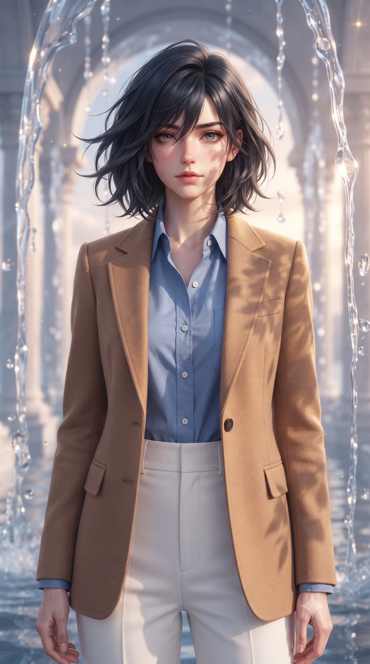 score_9, masterpiece, best quality, ultra-detailed, high-budget anime keyframe, editorial fashion photography, tasteful artistic composition, Caucasian woman, strictly human ears. close-up cowboy shot from the waist and thighs up, the character dominates the composition, filling the frame with her large presence, background elements kept in soft focus. Gazing into the distance with a wistful melancholic expression and softly glowing eyes. set against a soft-focus background of a celestial palace where water defies gravity and falls upward in shimmering reverse cascades forming archways columns and curtains of suspended crystalline water that catch and bend starlight. She has an exceptionally elegant and slender, willowy female figure with an ultra-slim waist, a gracefully sculpted slender torso, and a refined slim physique. sharp v-shaped jawline, high-bridge nose, intricate jewel-like eyes with depth, thick eyelashes, glossy lips with a natural sheen. wearing a structured camel wool blazer over a French blue cotton button-down shirt and high-waisted white trousers. warm golden afternoon sunbeams casting soft organic leaf shadows across her skin. 2k, ultra detail, master piece, 9:16 ratio